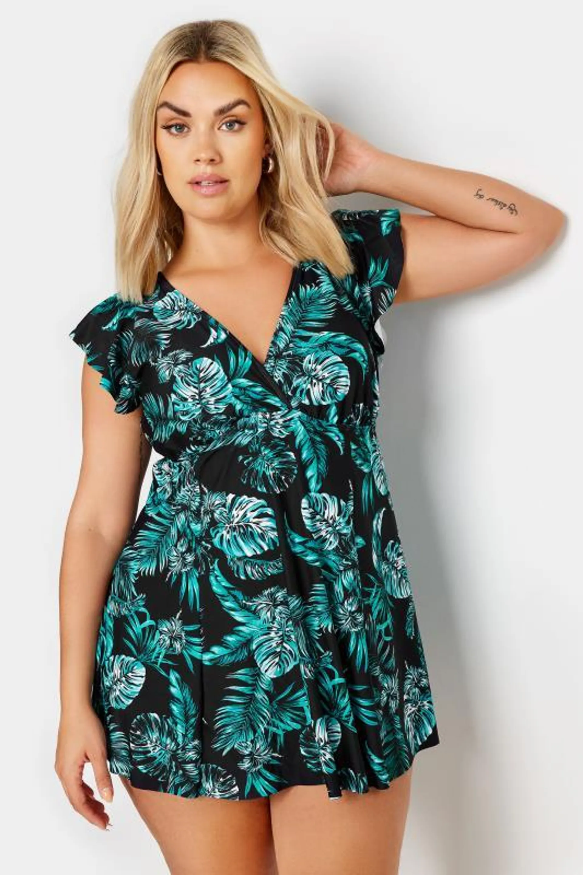 YOURS Curve Green Leaf Print Tummy Control Swim Dress