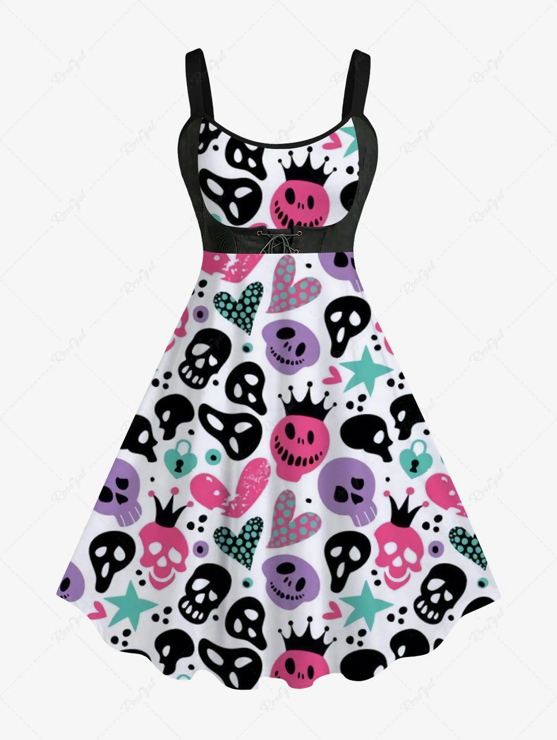 Plus Size Crown Skull Ghost Star Heart Print Tank Dress - 2x