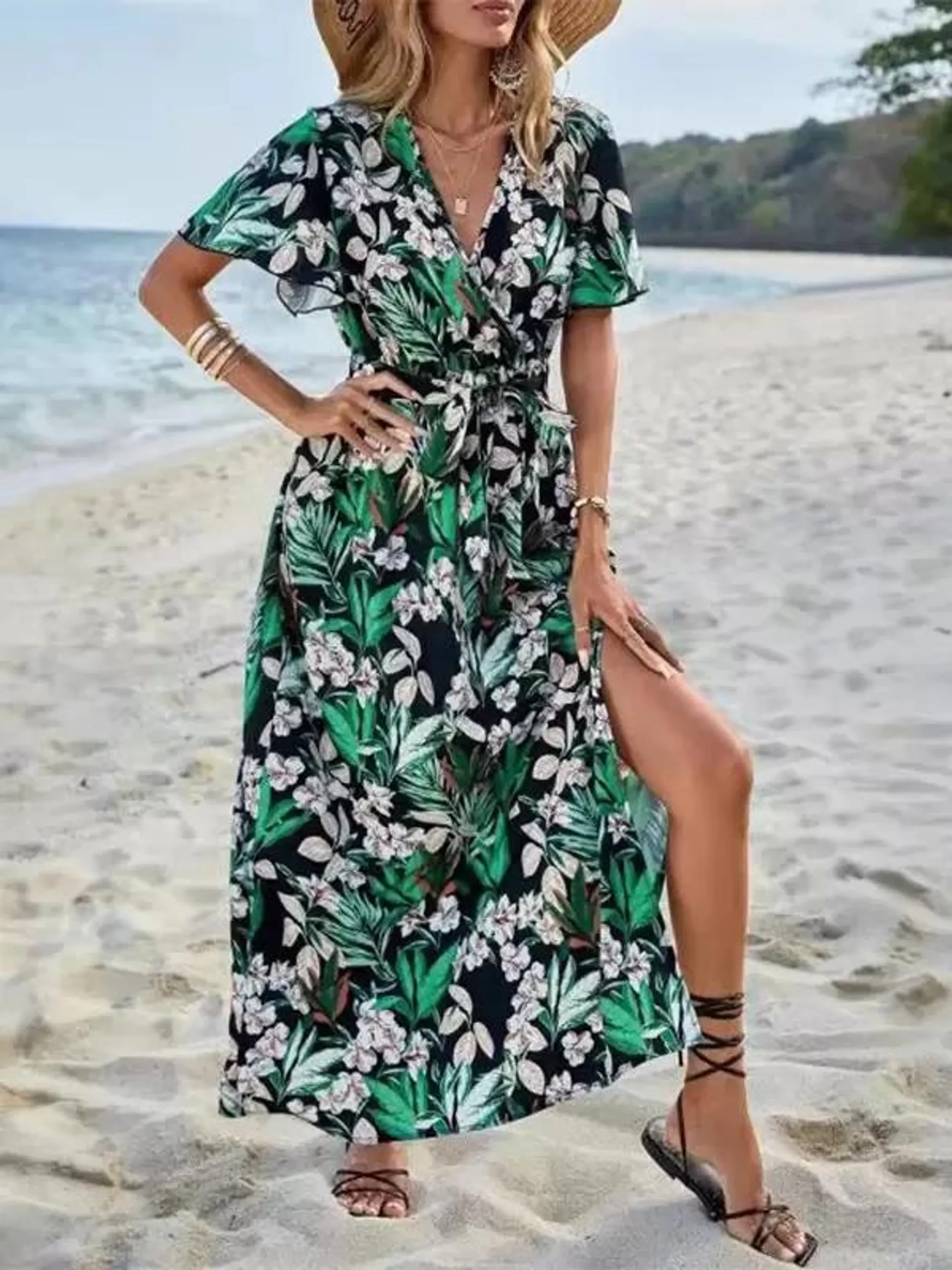 Summer Dress Maxi Dresses Green V-Neck Lace Up Floral Print Polyester Beach Dress