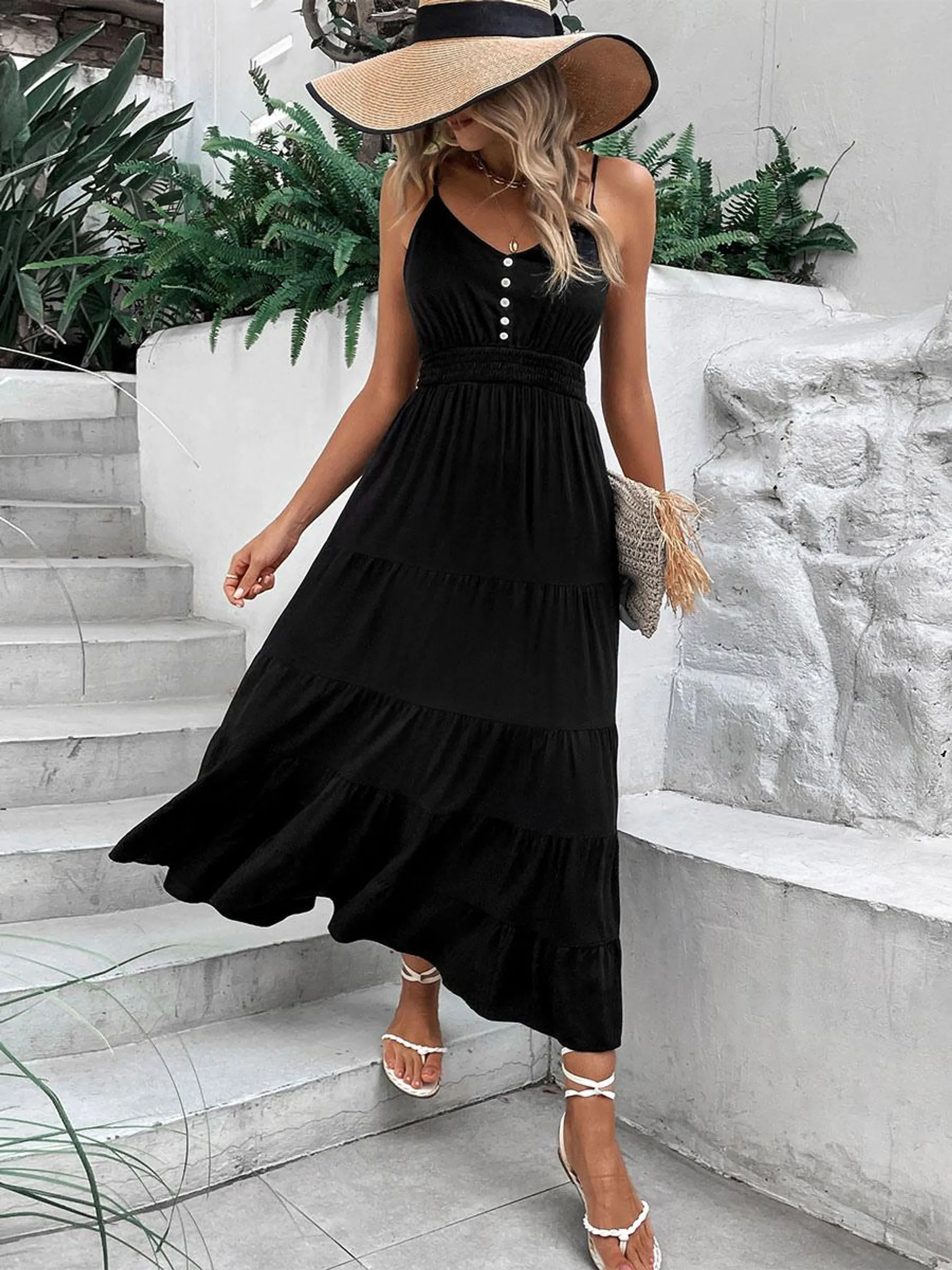Summer Dress V-Neck Buttons Black Medium Beach Dress