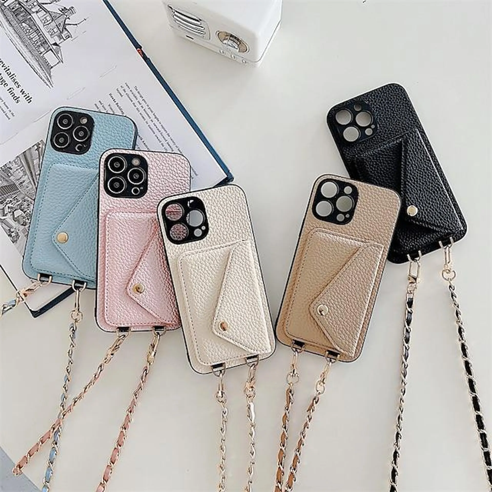 Phone Case For iPhone 15 Pro Max Plus iPhone 14 Pro Max Plus 13 12 11 Mini X XR XS 8 7 Back Cover with Lanyard With Card Holder Shockproof Solid Colored Metal PU Leather