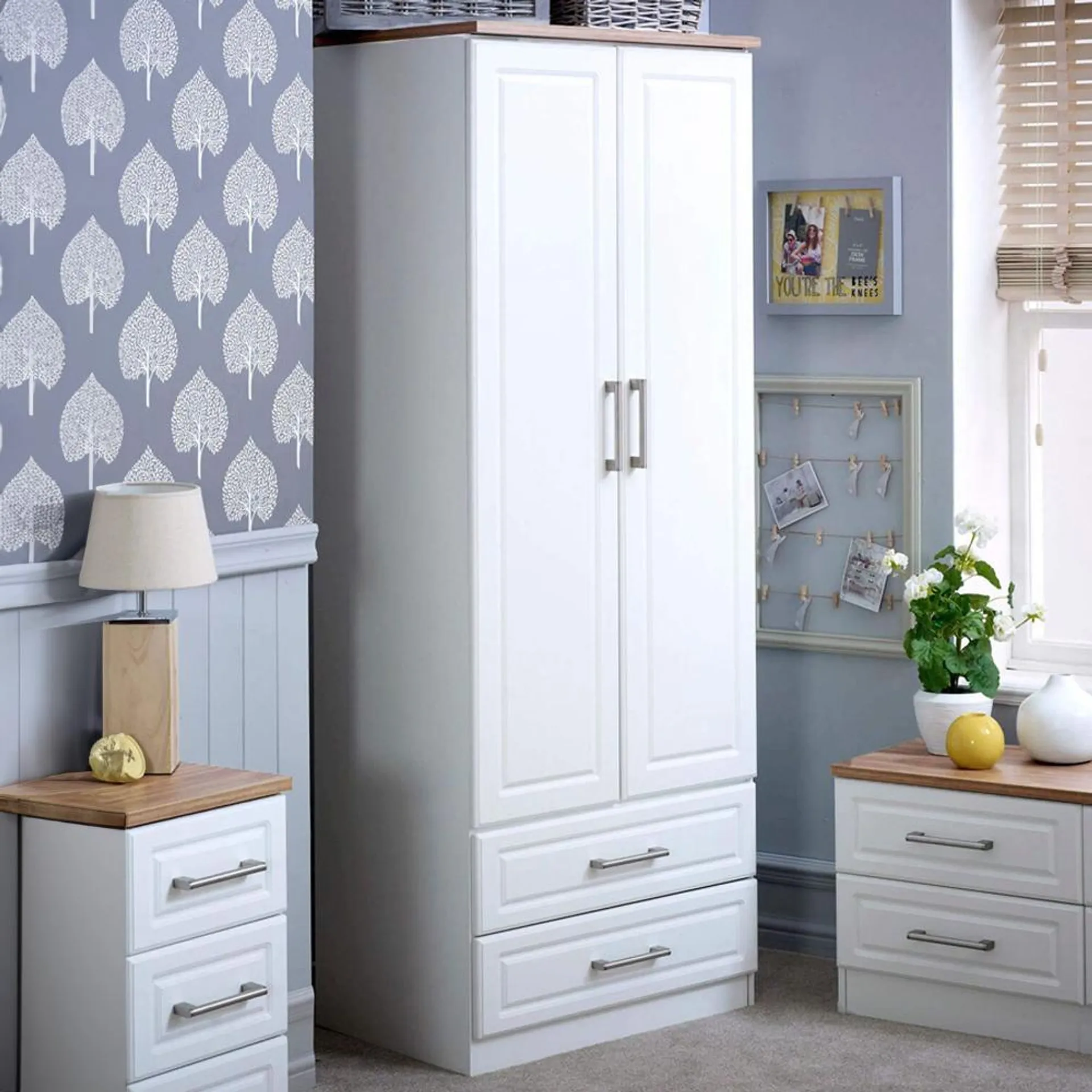 Crowndale Kent Ready Assembled 2 Door 2 Drawer White Ash and Modern Oak Wardrobe