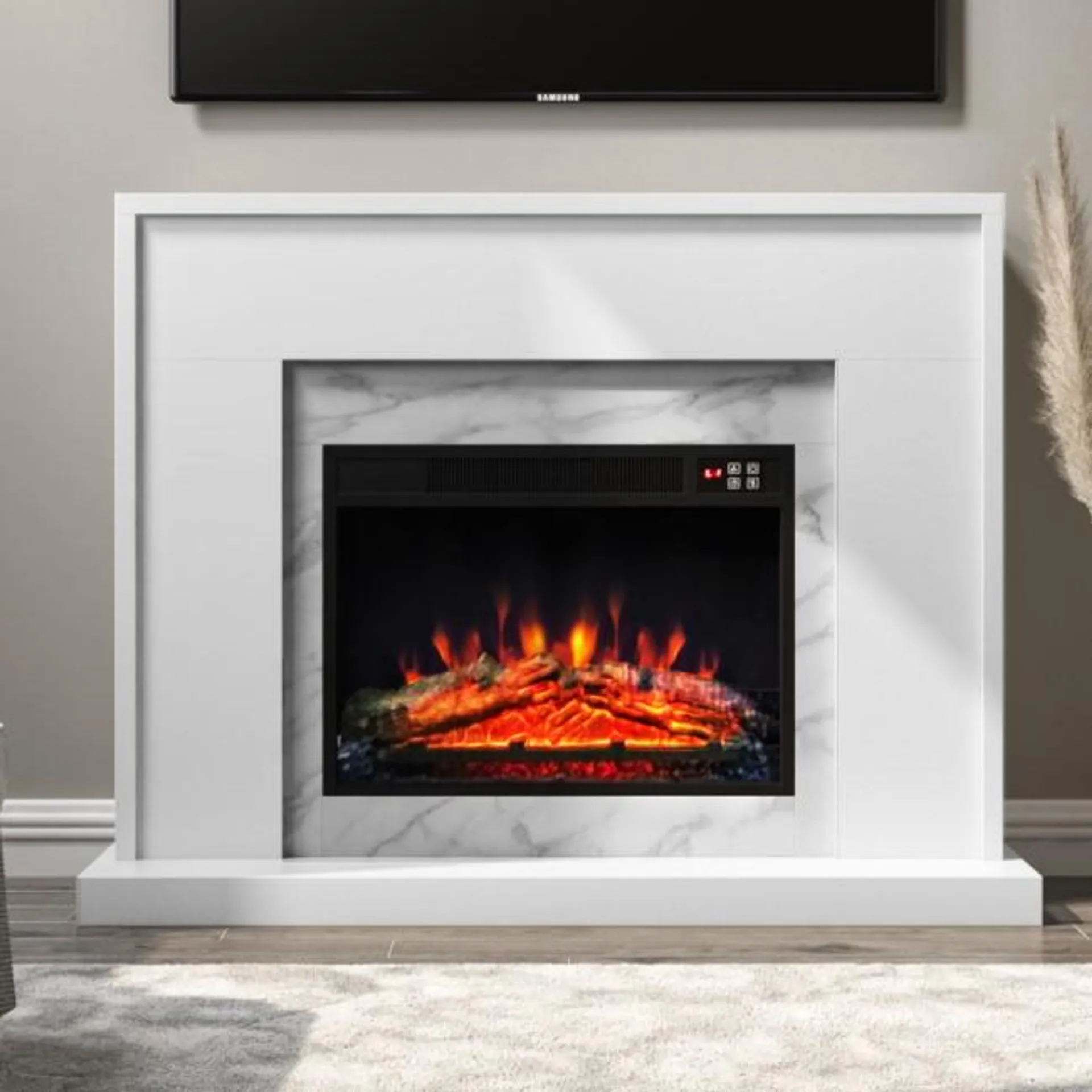 White Marble Freestanding Electric Fireplace Suite with Log Effect - Amberglo