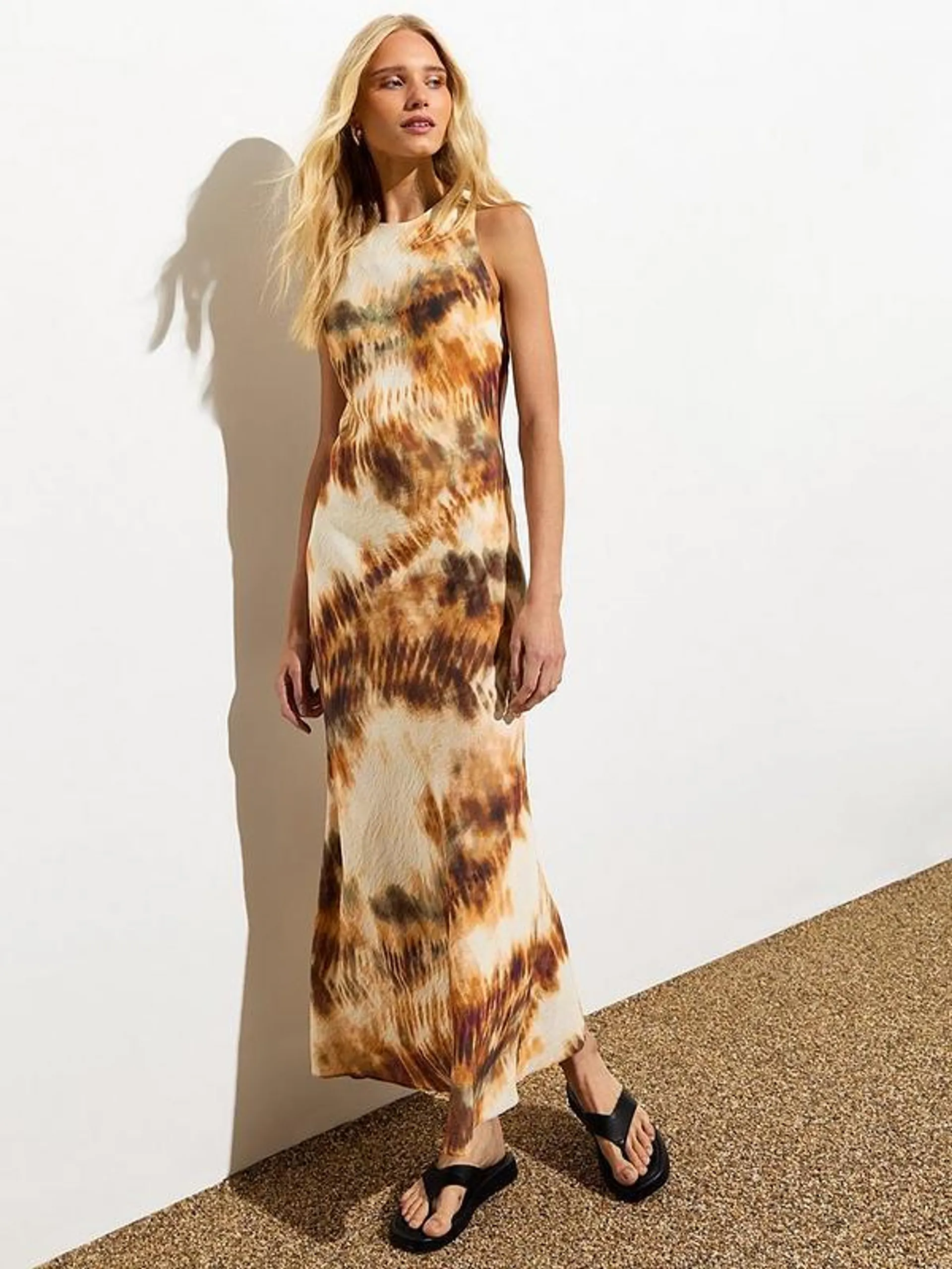 Brown Abstract-print Midi Dress