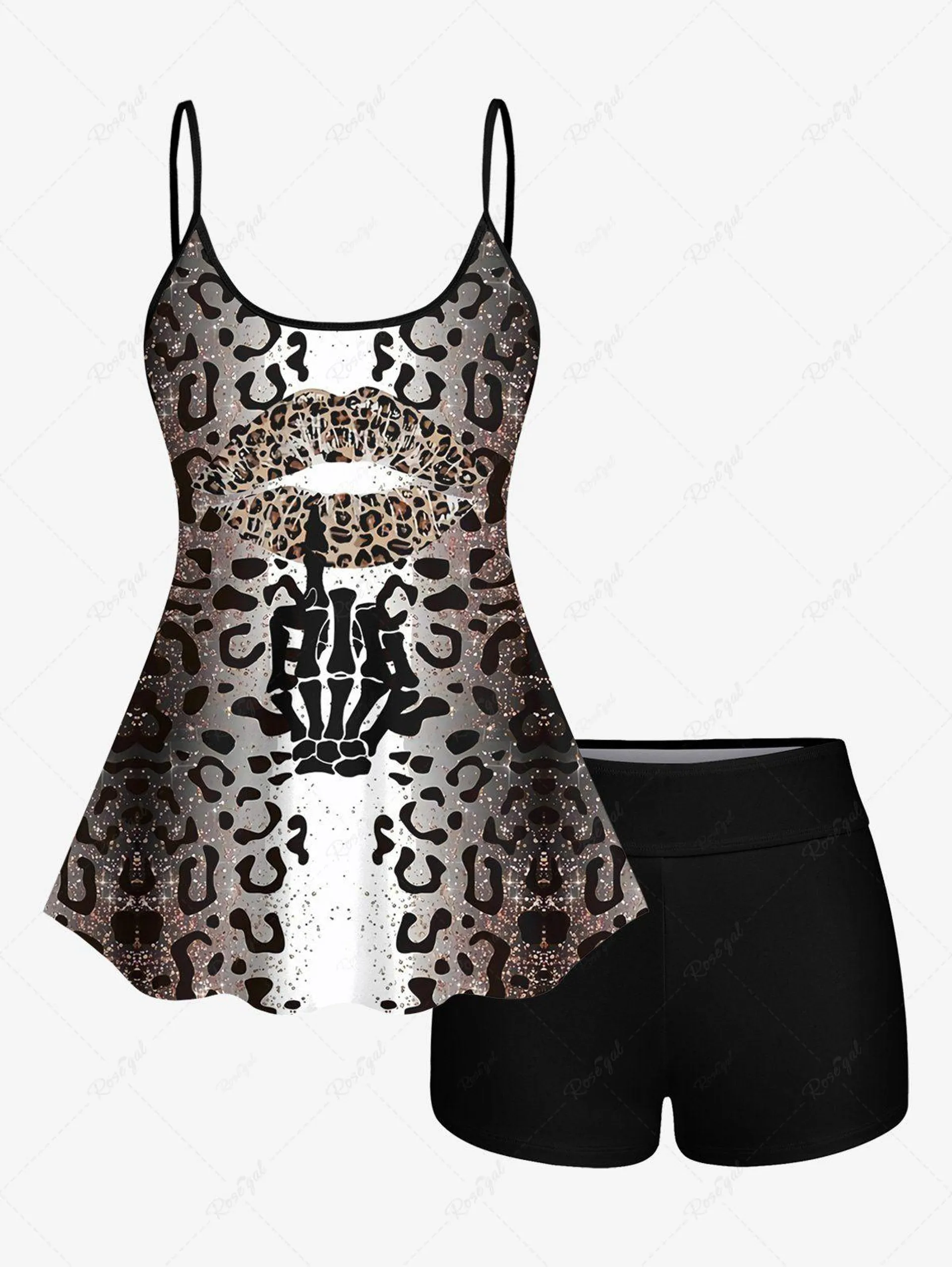 Leopard Lip Skeleton Gesture Glitter Sparkling Sequin 3D Print Boyshort Tankini Set - 4x