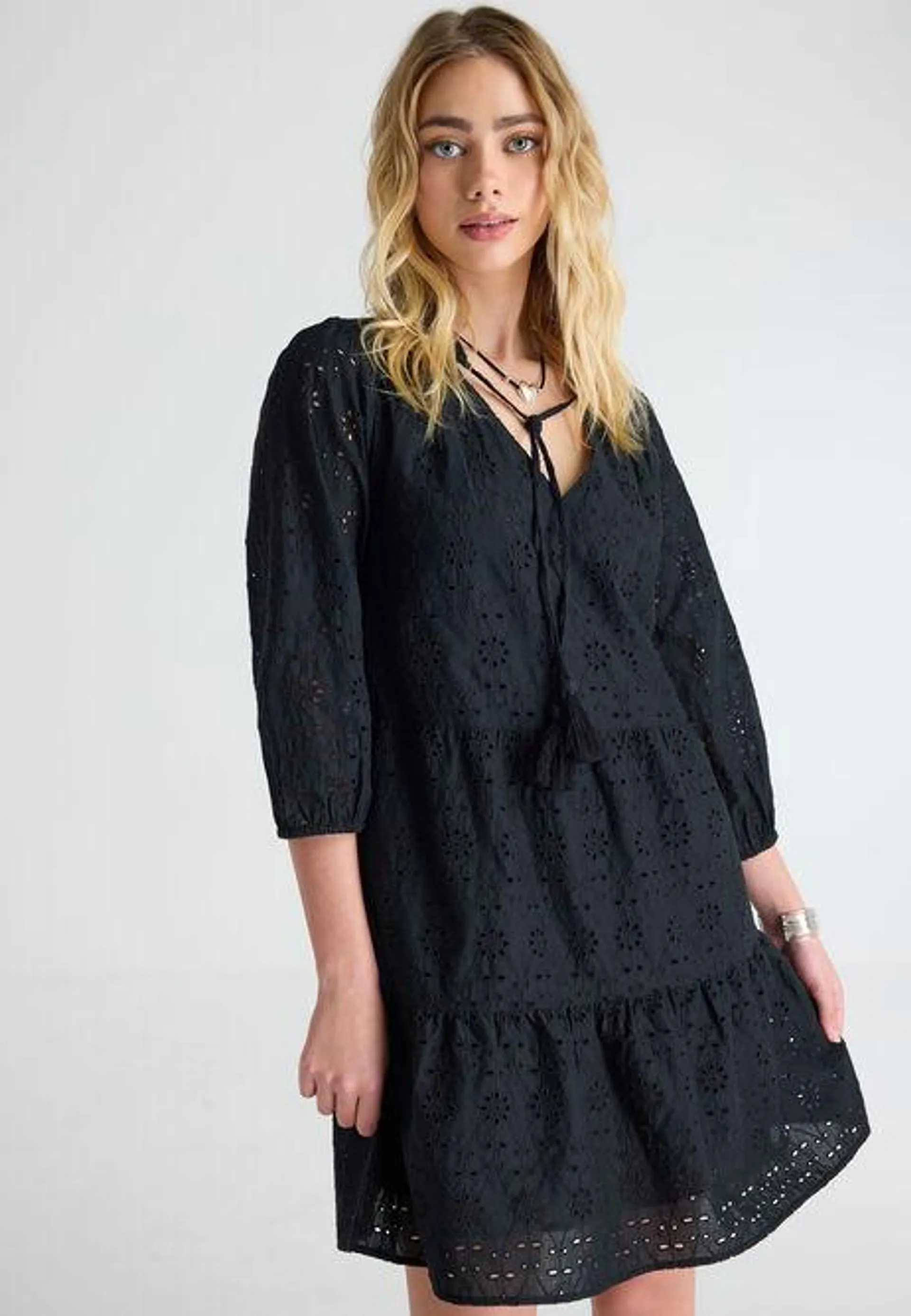 Womens Black Broderie Dress