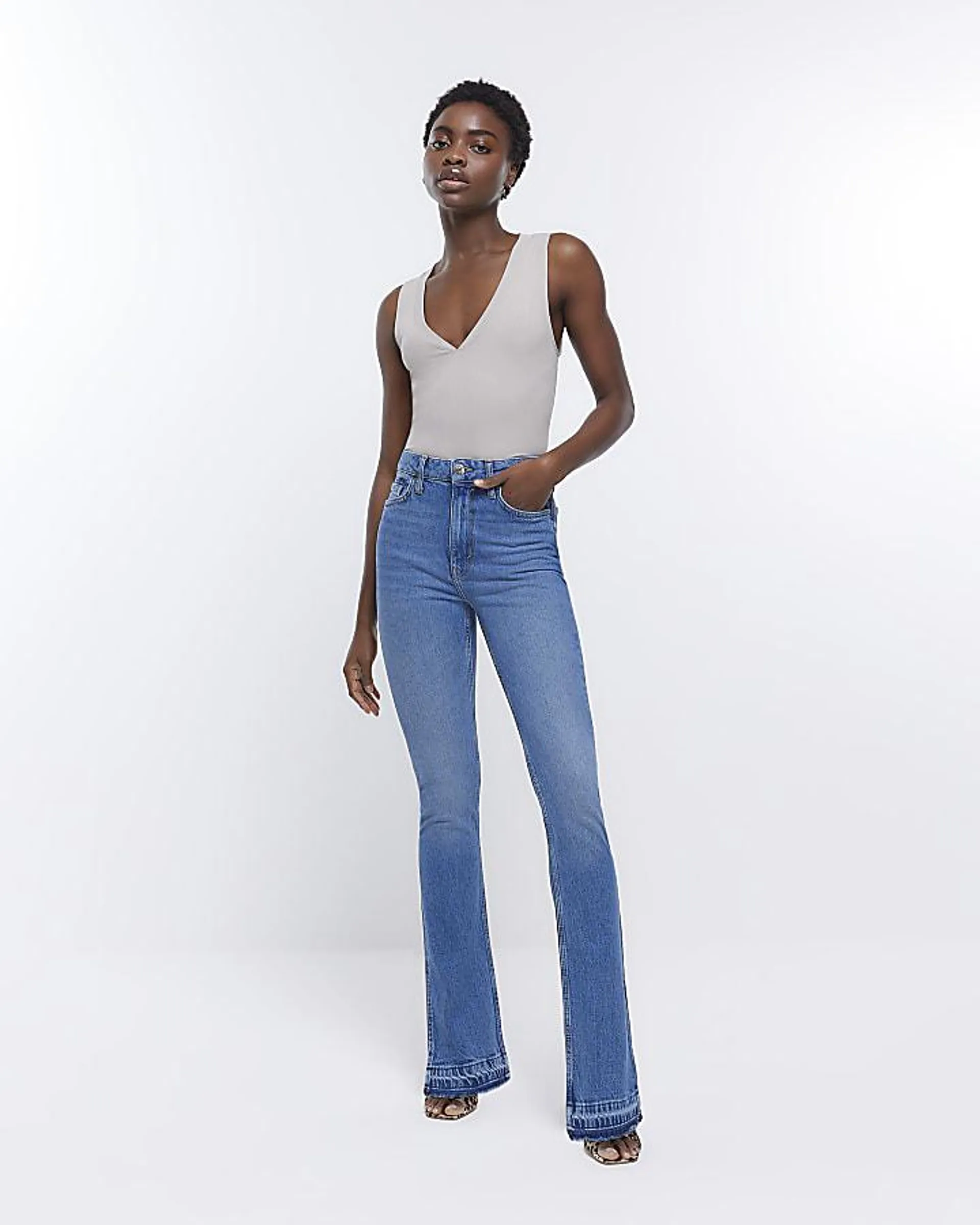 Blue high waisted split hem flared jeans