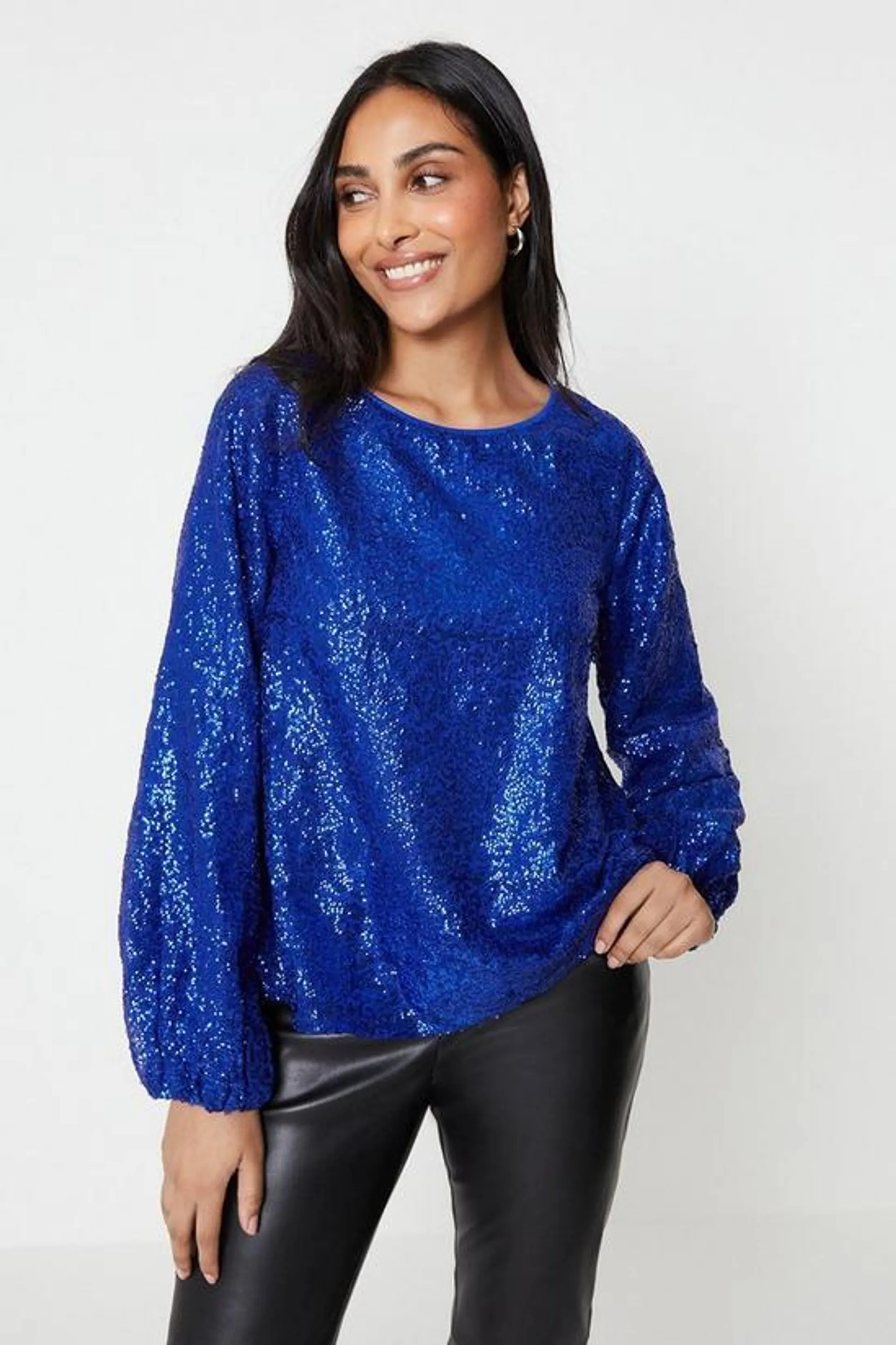 Petite Sequin Balloon Sleeve Top