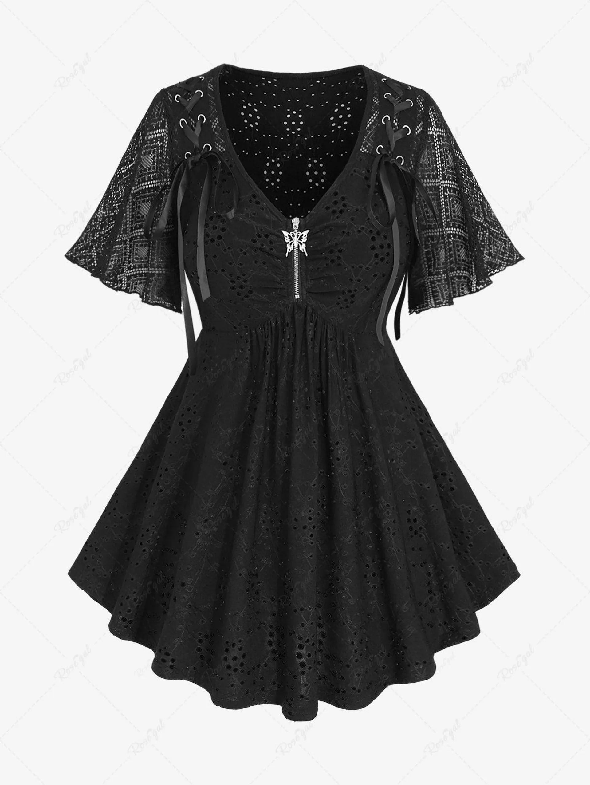 Plus Size Plaid Lace Flutter Sleeves Lace-up Butterfly Zipper Eyelet Hollow Out Jacquard Embroidered Solid Top - 3x | Us 22-24