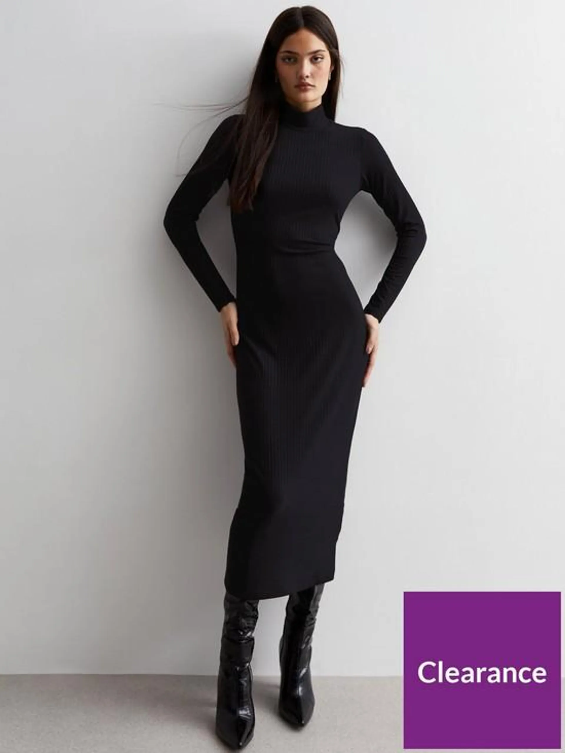 Black Jersey Long Sleeve Midaxi Dress