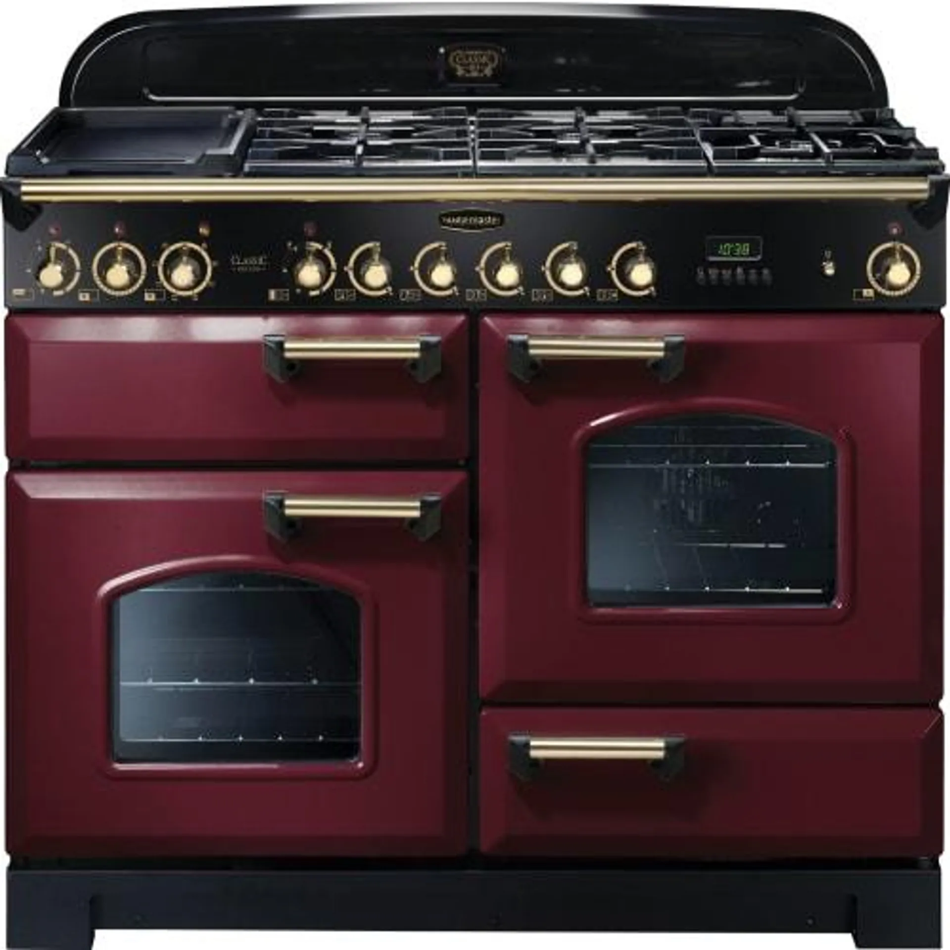 Rangemaster Classic Deluxe 110cm Dual Fuel Range Cooker - Cranberry with Brass Trim