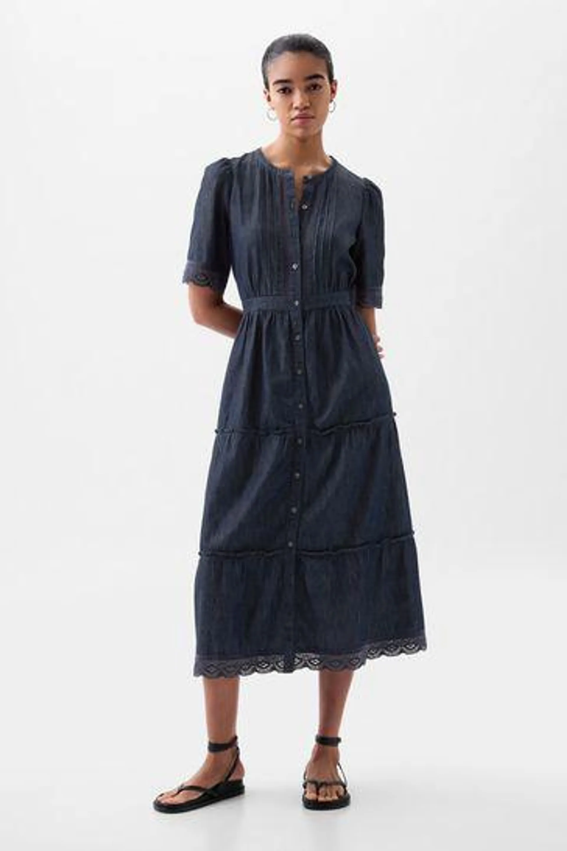 Lace Denim Look Buttoned Midi Dress