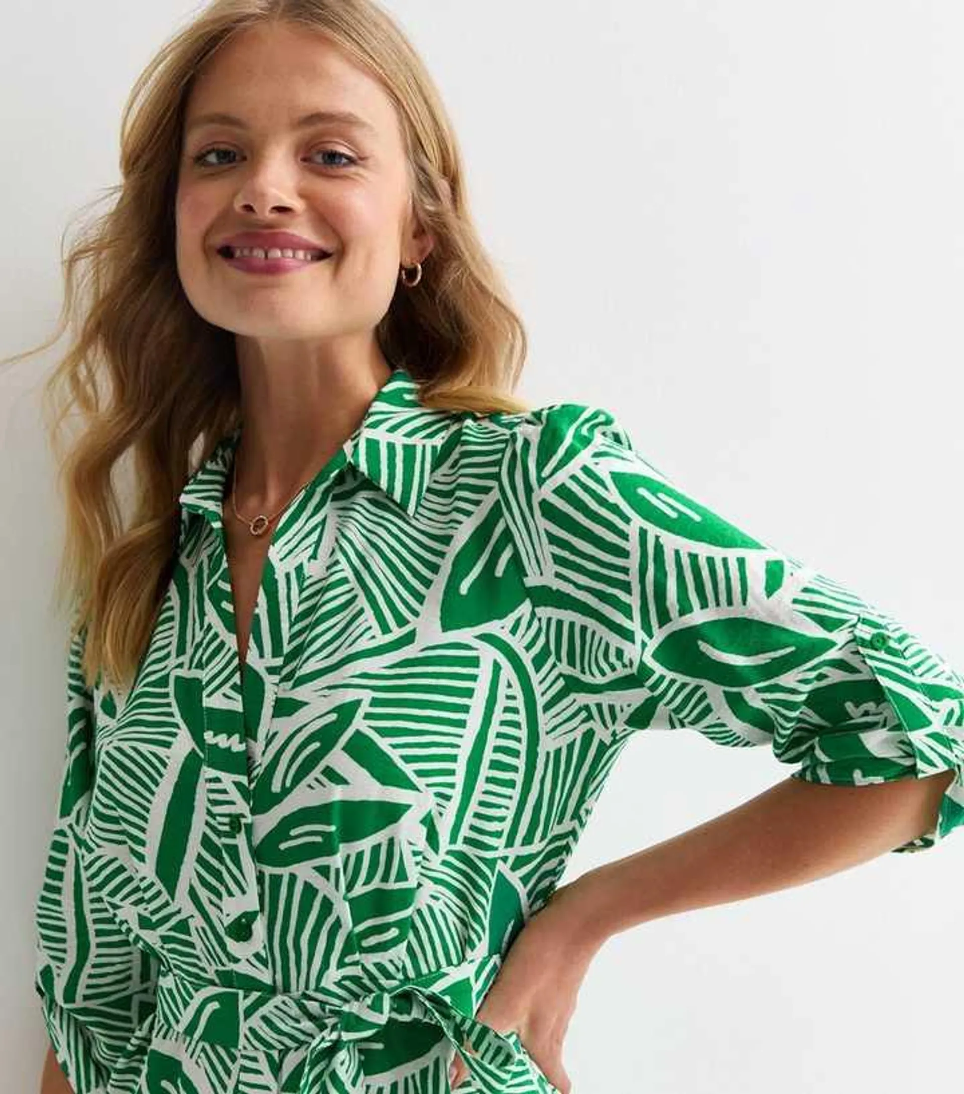 Green Leaf-Print Mini Shirt Dress