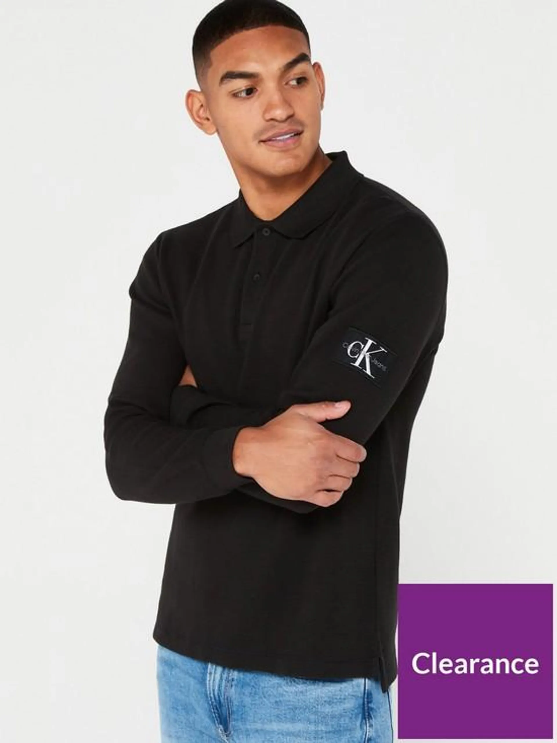 Waffle Long Sleeve Badge Polo Shirt - Black