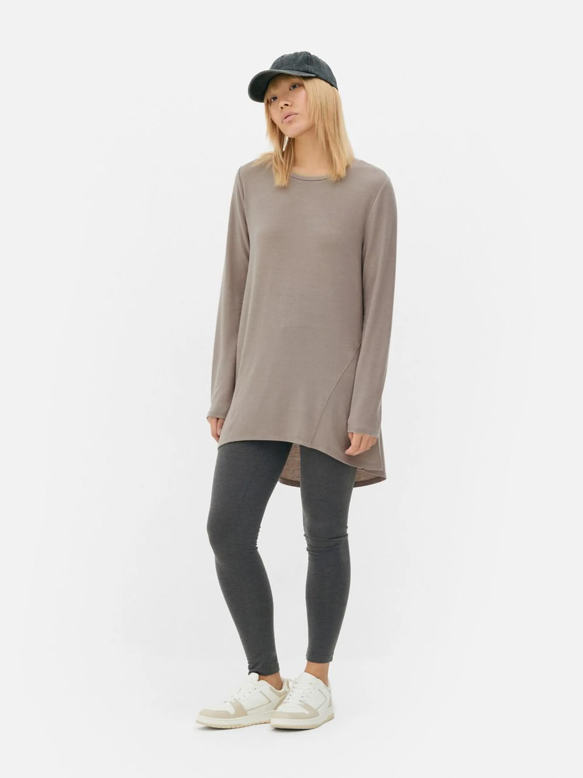 Long Sleeve Long Curved Hem Top