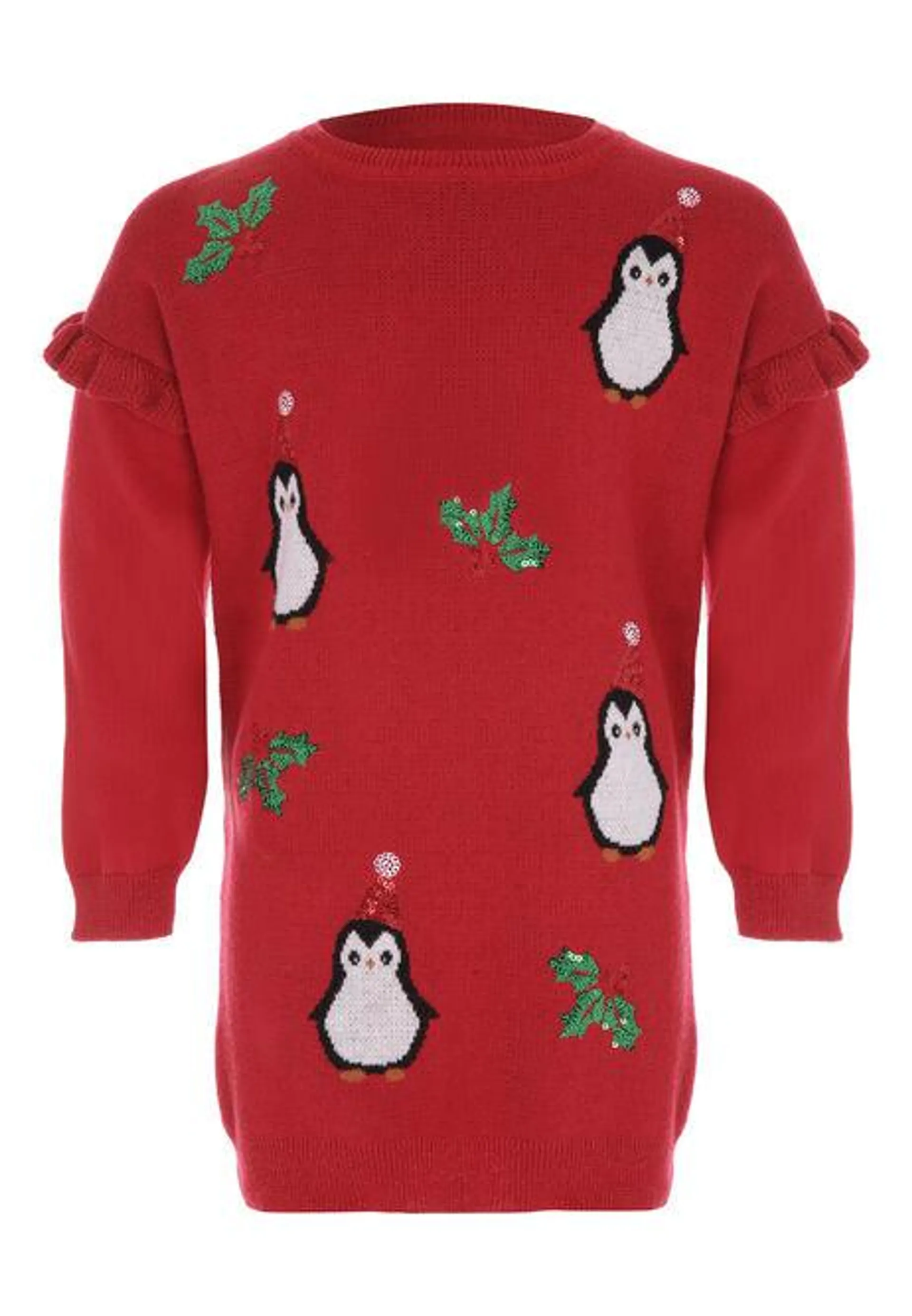 Younger Girls Red Christmas Penguin Jumper Dress