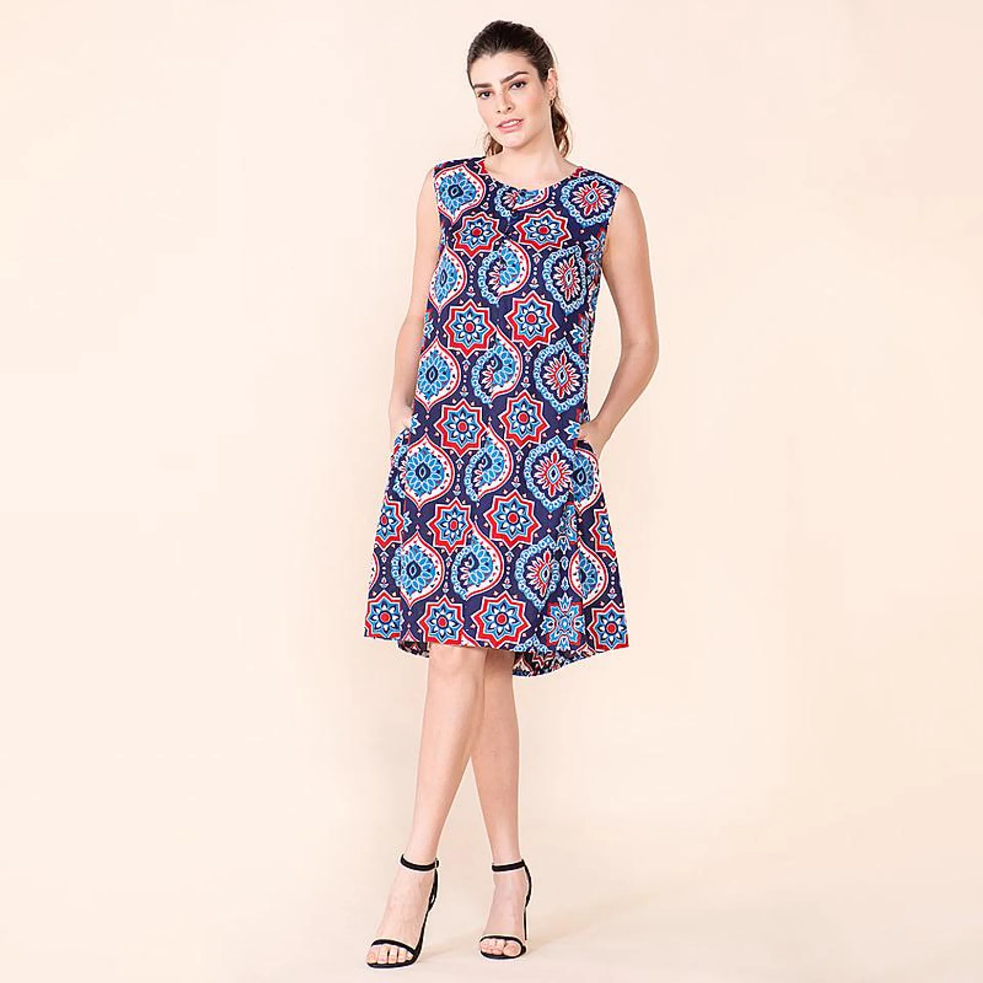 TAMSY Floral Pattern Women's Sleeveless Dress - Navy