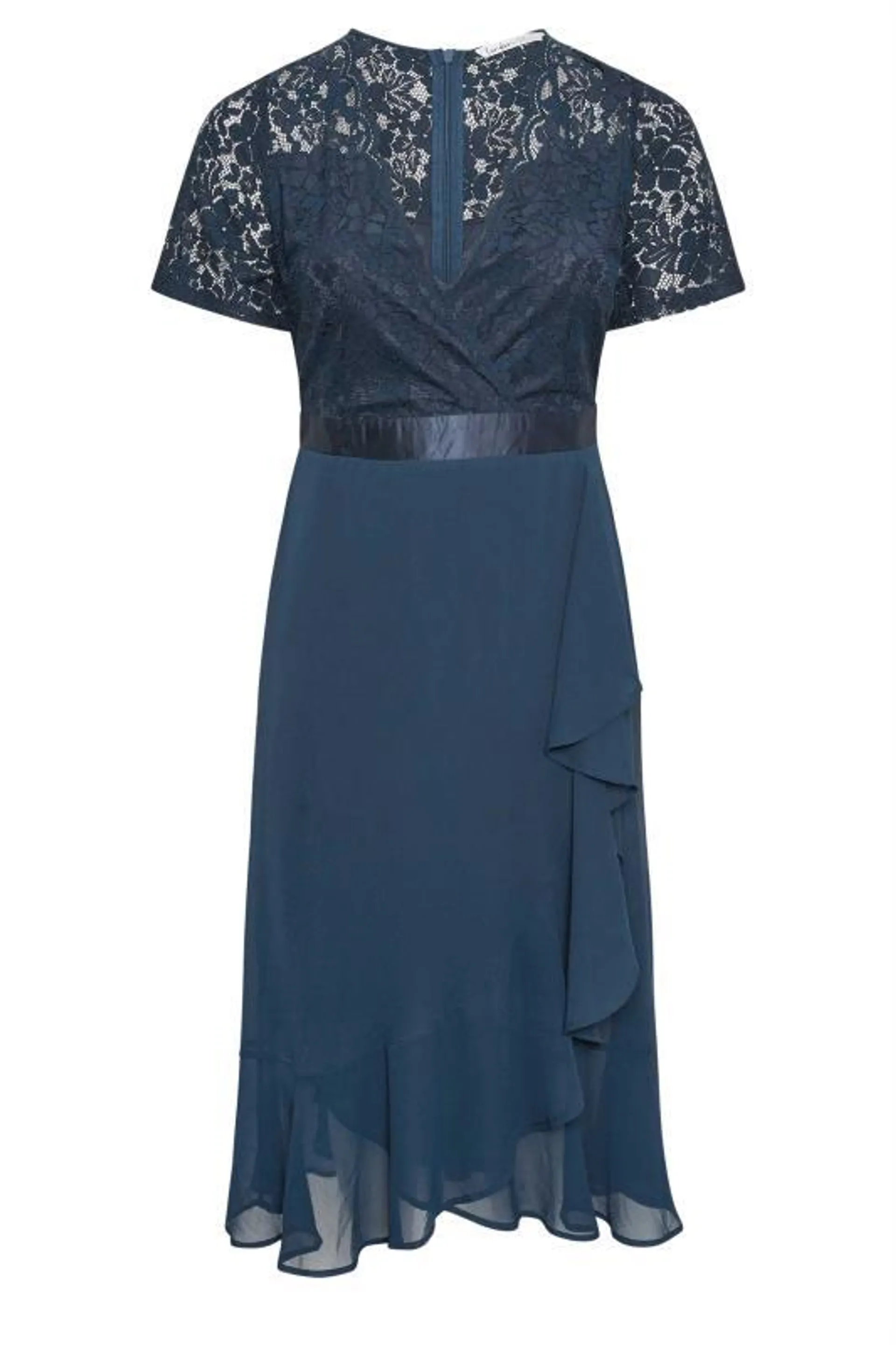 YOURS LONDON Curve Navy Blue Lace Wrap Ruffle Midi Dress