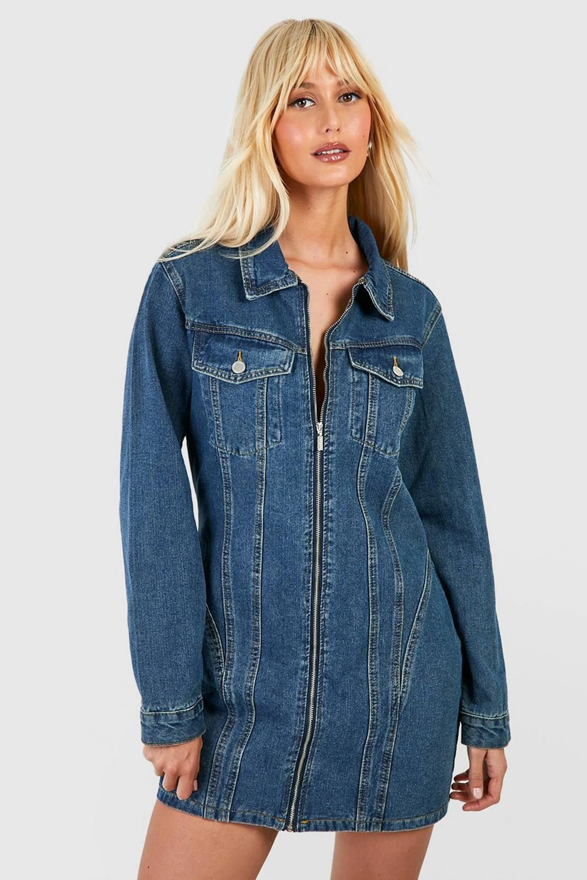 Zip Through Denim Mini Shirt Dress