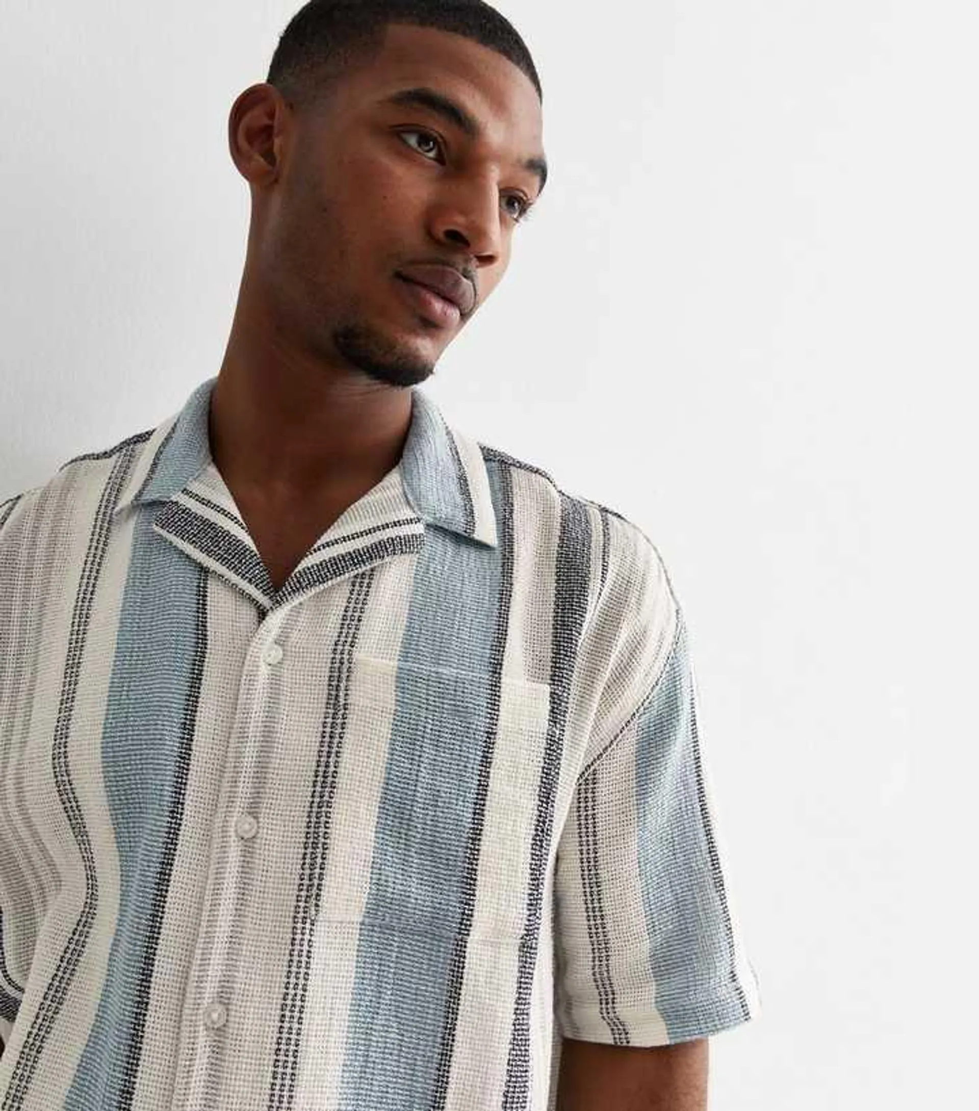 Blue Stripe Textured Cotton Short Sleeve Shirt