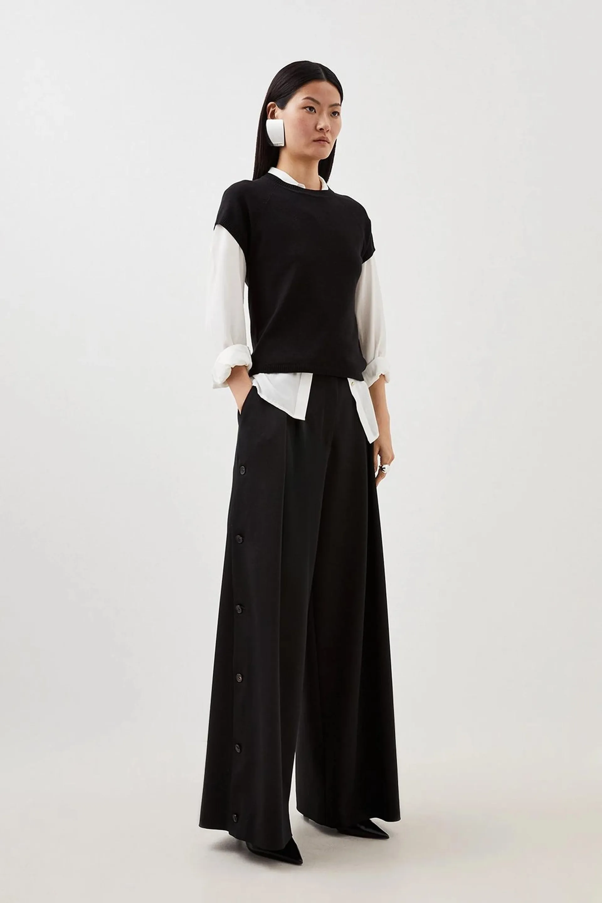 Viscose Linen Tailored Pleated Button Detail Straight Leg Trousers