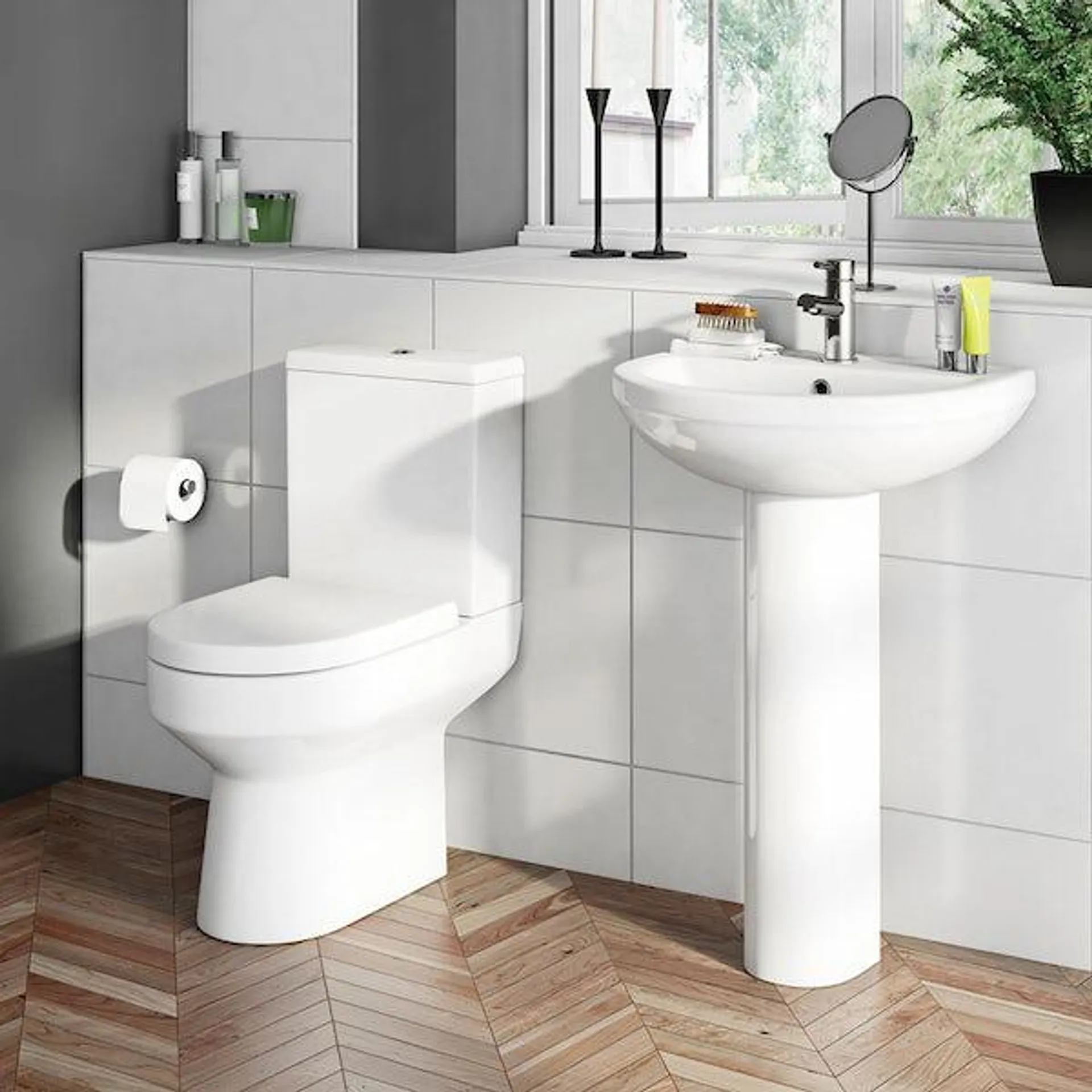 Orchard Wharfe complete cloakroom suite with full pedestal basin 500mm with tap and waste