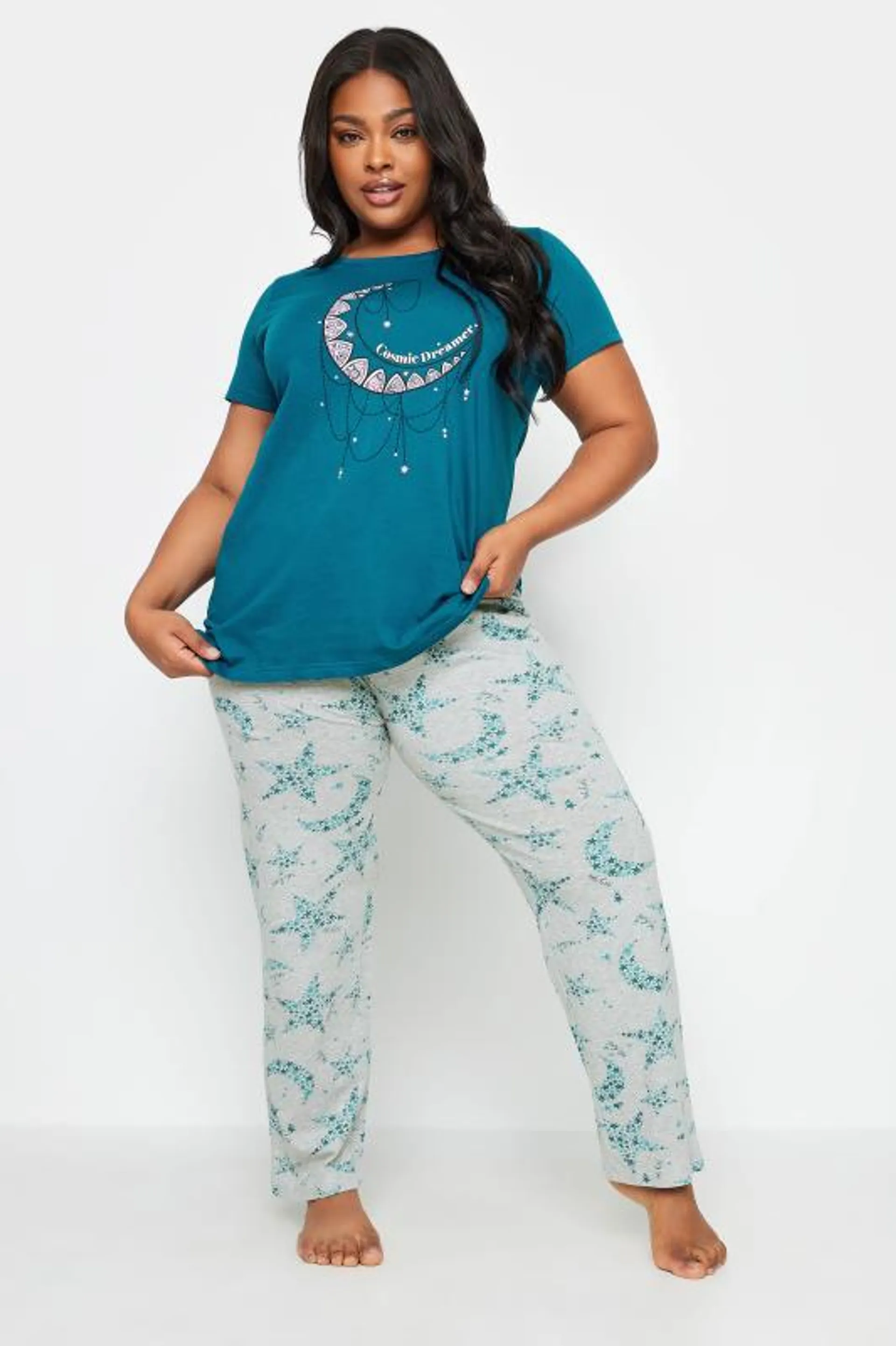 YOURS Curve Turquoise Blue 'Cosmic Dreamer' Star & Moon Print Pyjama Set