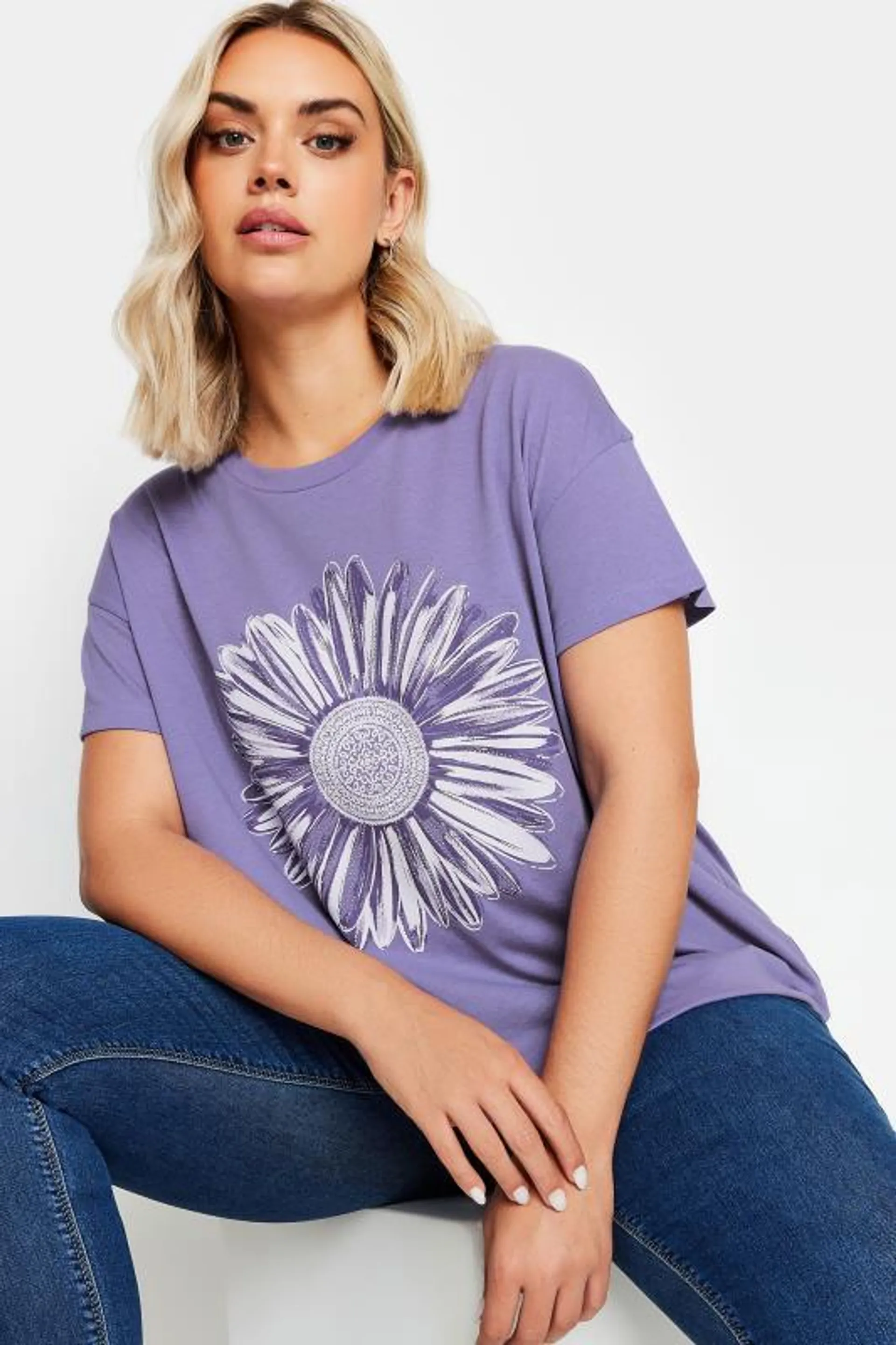 YOURS Curve Purple Stud Floral Print T-Shirt