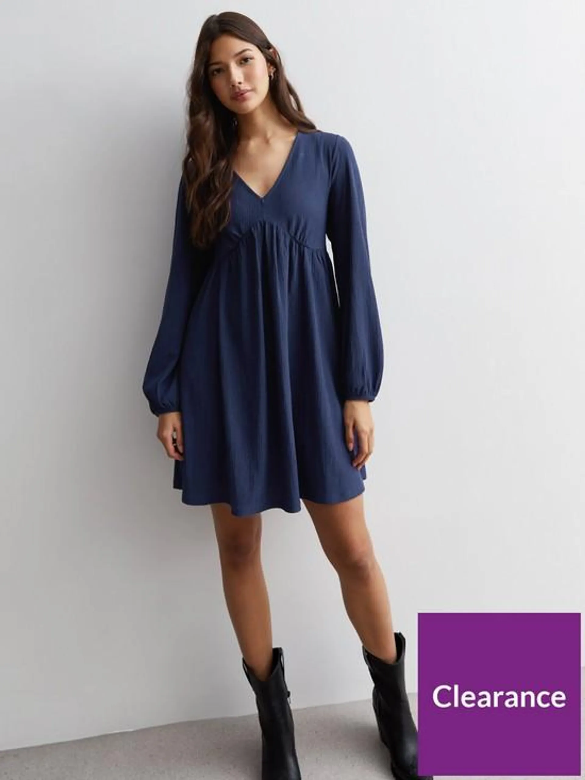 Navy Textured Jersey Long Sleeve Mini Smock Dress