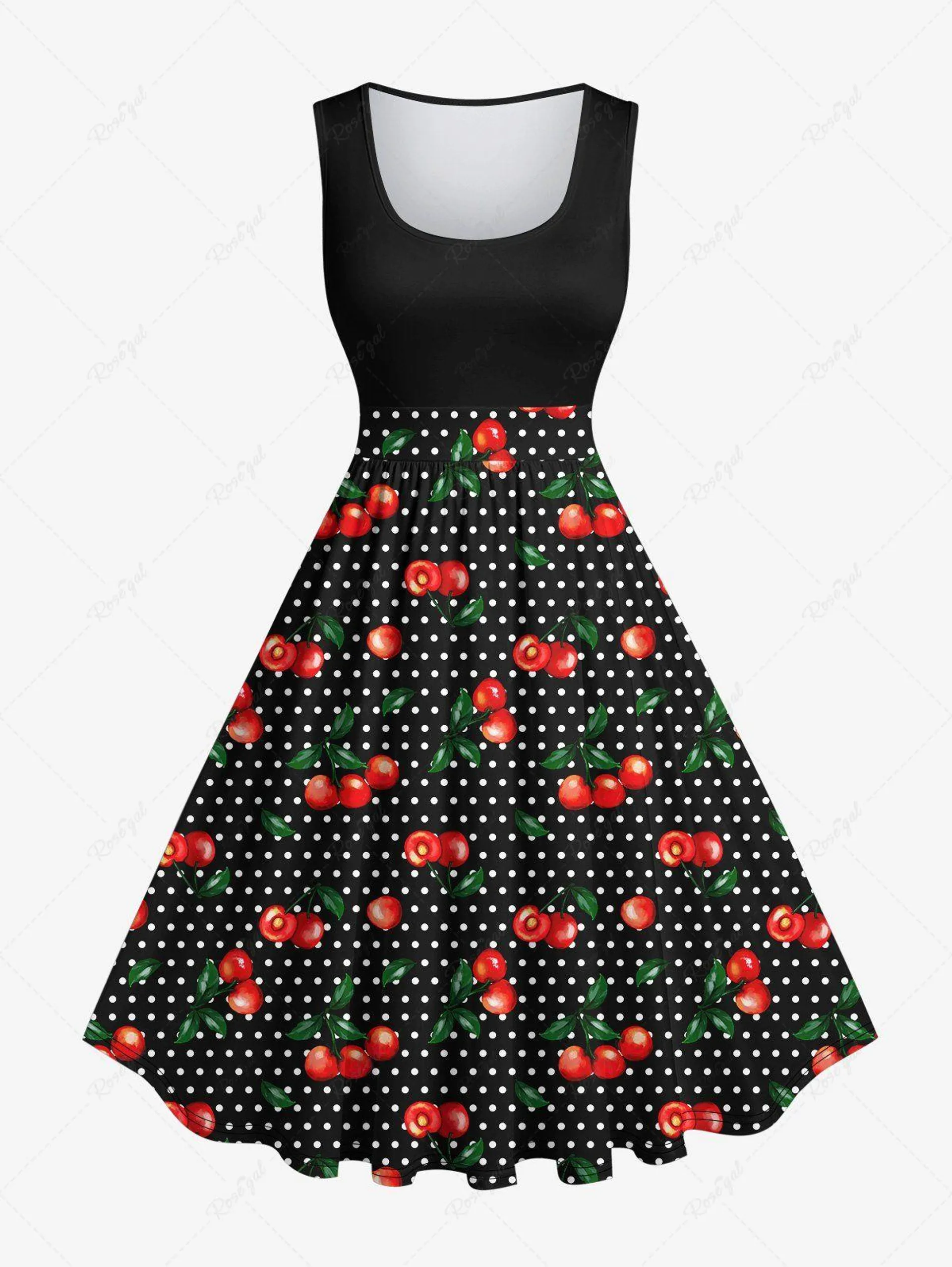 1950s Plus Size Cherry Polka Dots Print Vintage Swing Dress - L