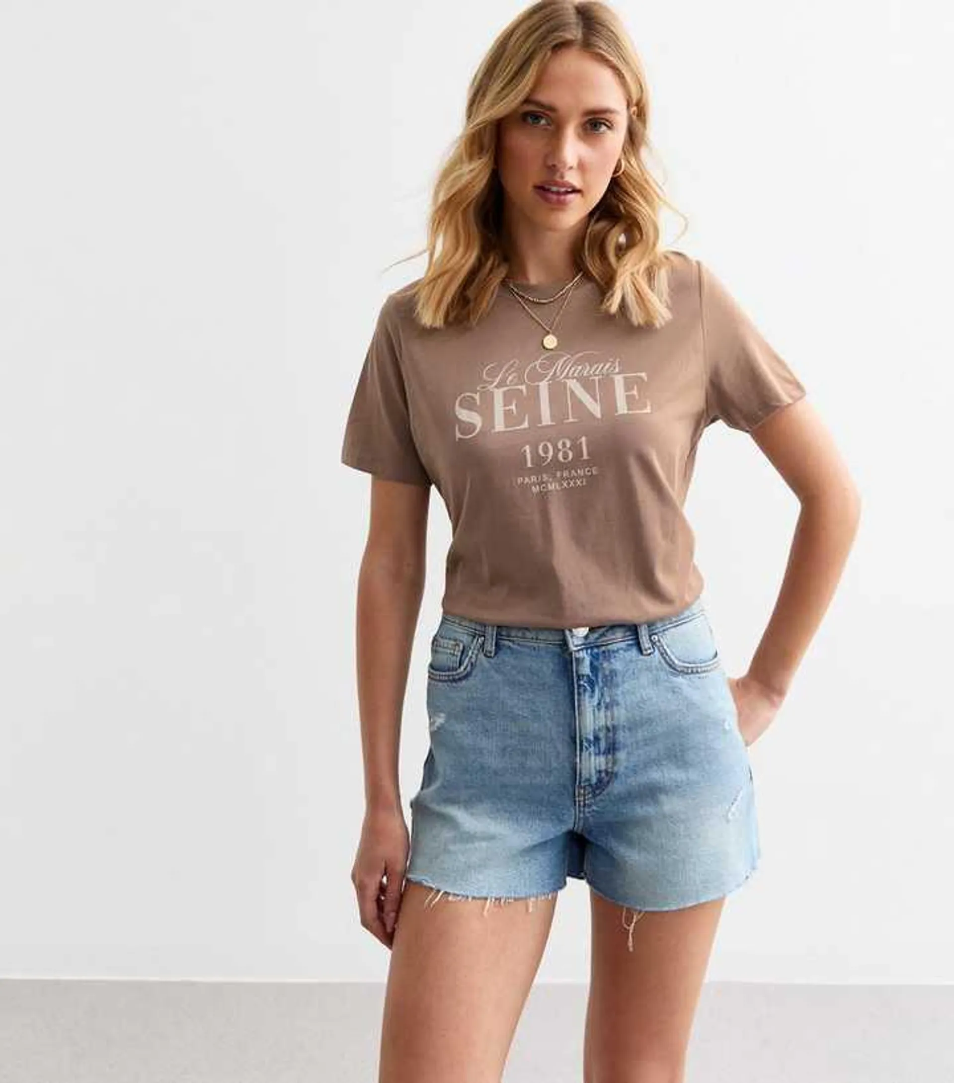 Brown Seine Paris Text Print T-Shirt