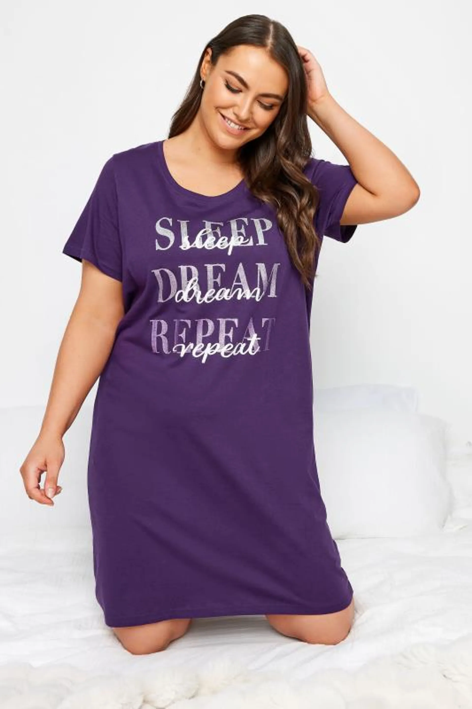 YOURS Curve Purple 'Sleep Dream Repeat' Slogan Nightdress