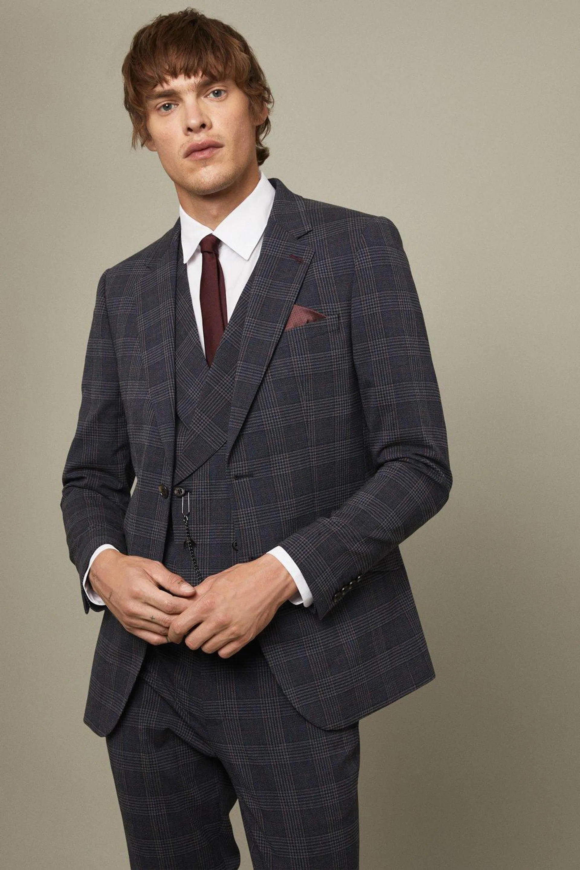 Skinny Fit Grey And Burgundy Retro Check Two-Piece Suit