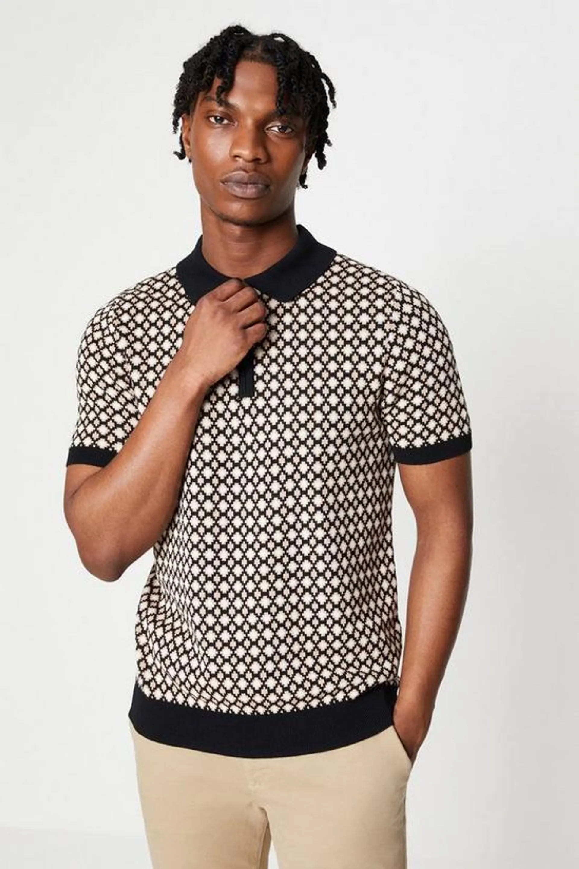 Monogram Jacquard Knitted Zip Polo