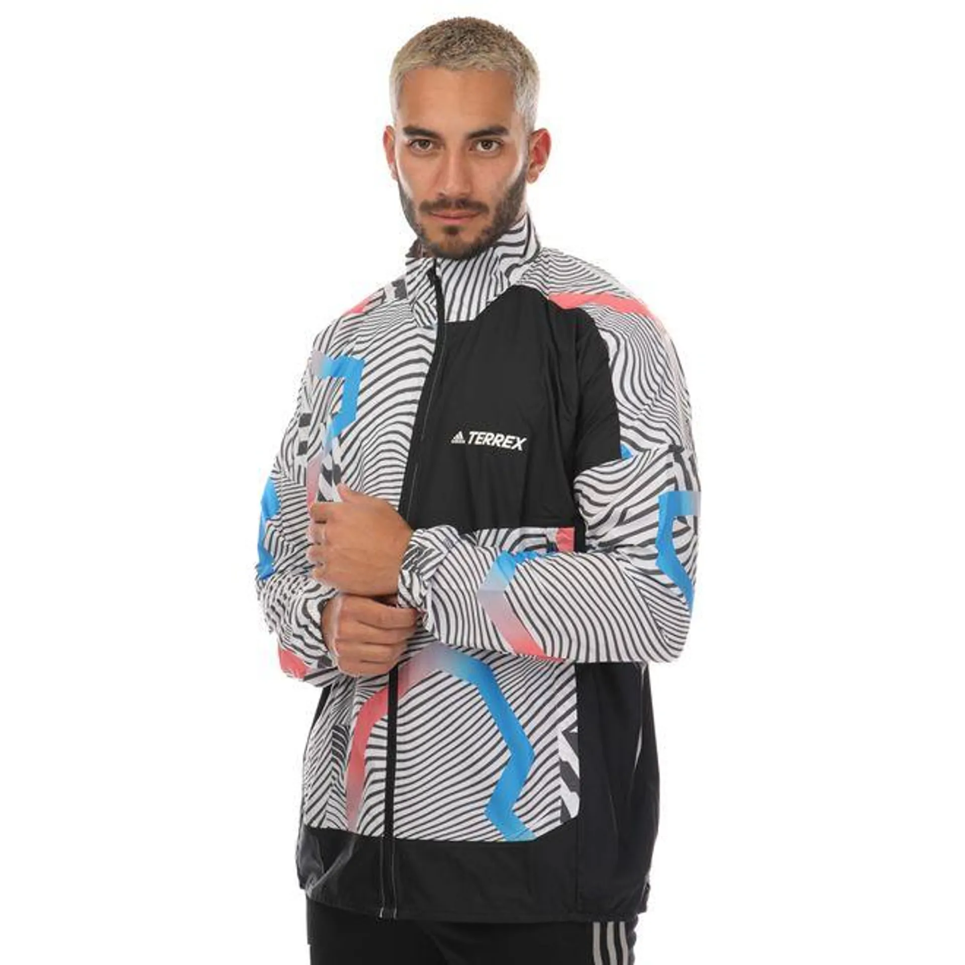 adidas Mens Terrex Trail Running Printed Wind Jacket in White Black