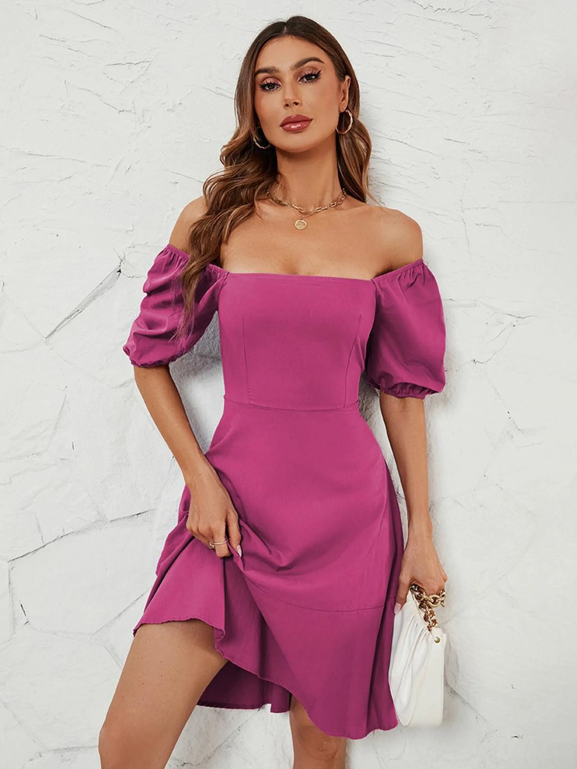 Party Dresses Lilac Bateau Neck Pleated Short Sleeves Open Shoulder Semi Formal Dress