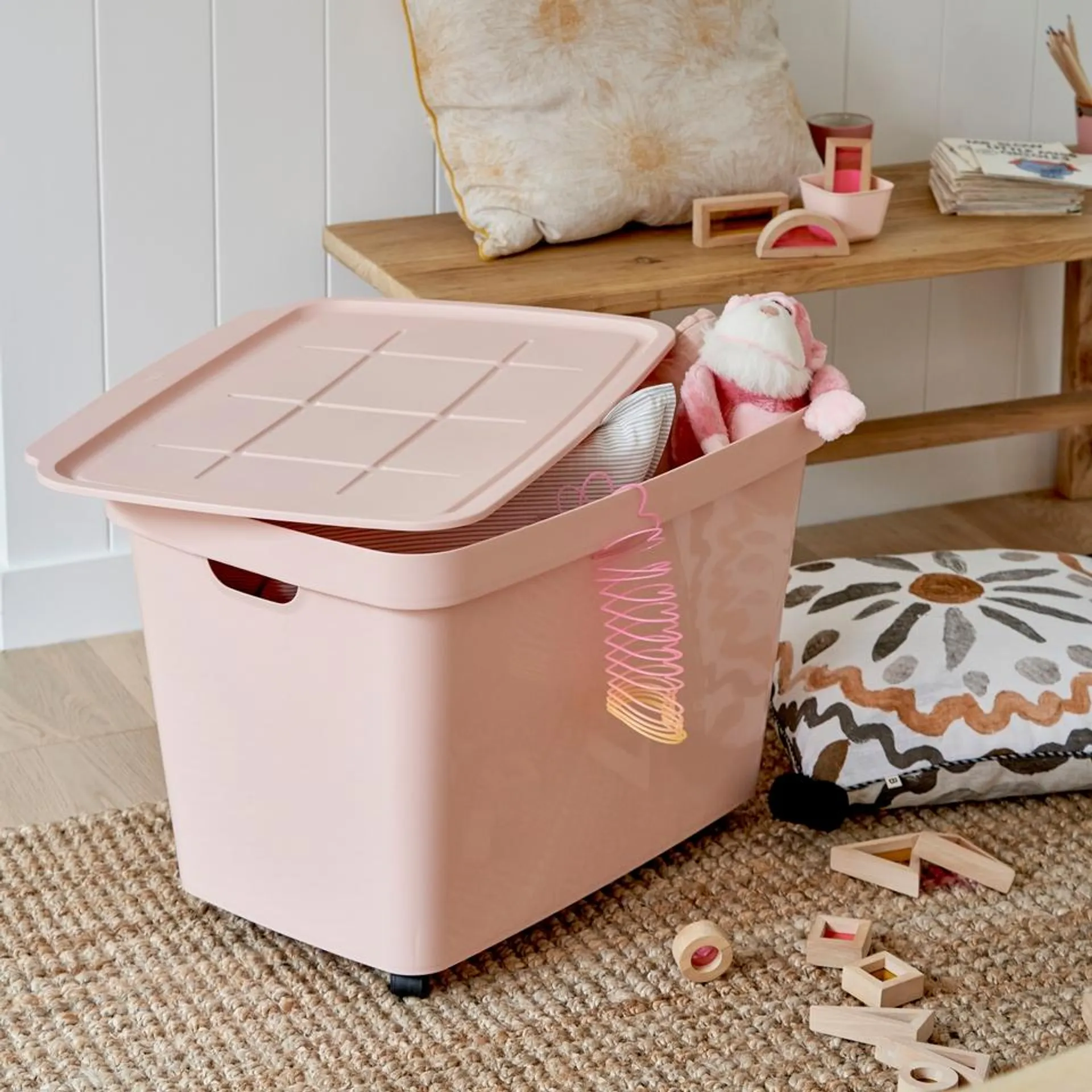 Ezy Storage Store Away 80L Rolling Bin - Pink