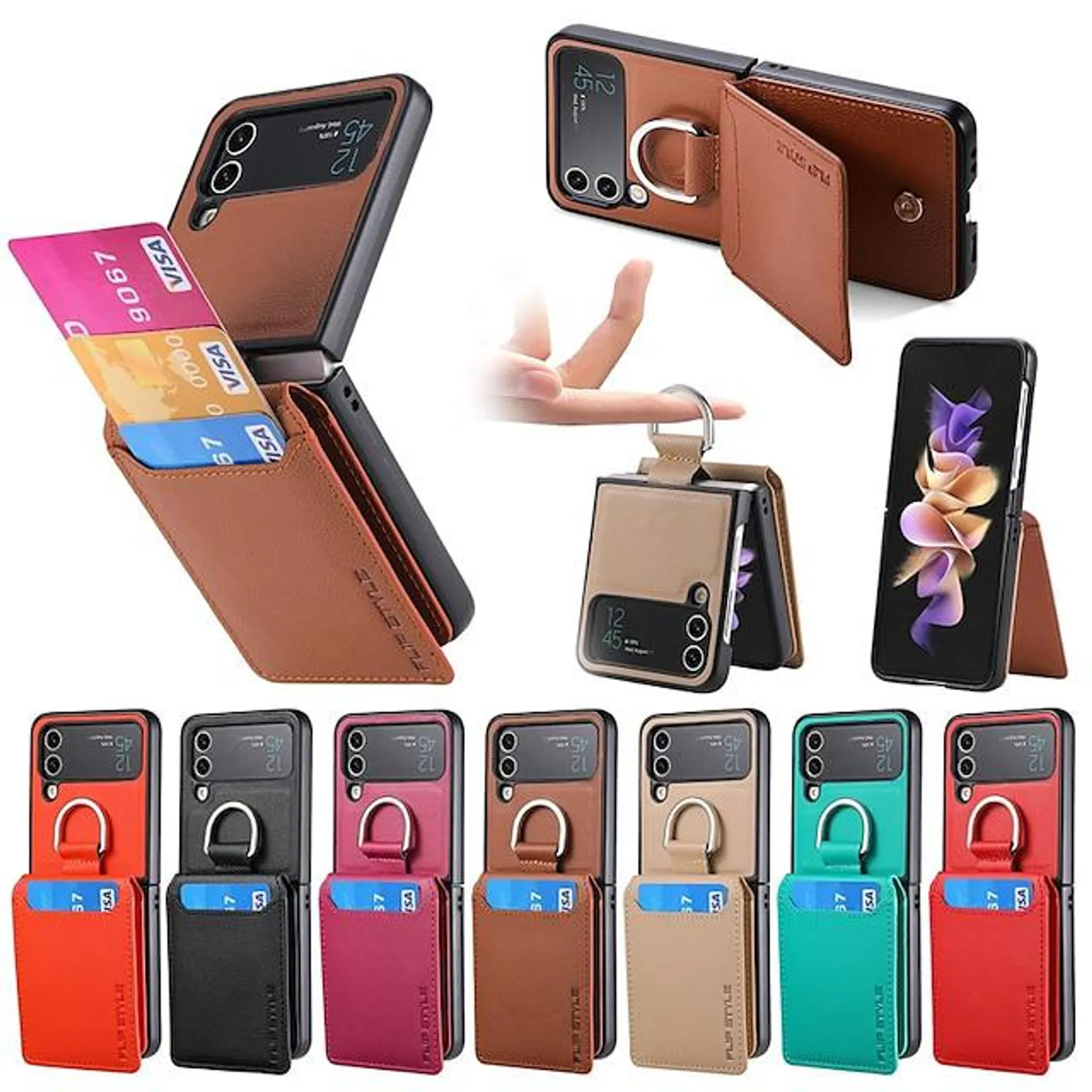 Phone Case For Samsung Galaxy Back Cover Z Flip 4/3/2 Flip With Card Holder Kickstand Solid Colored PC PU Leather