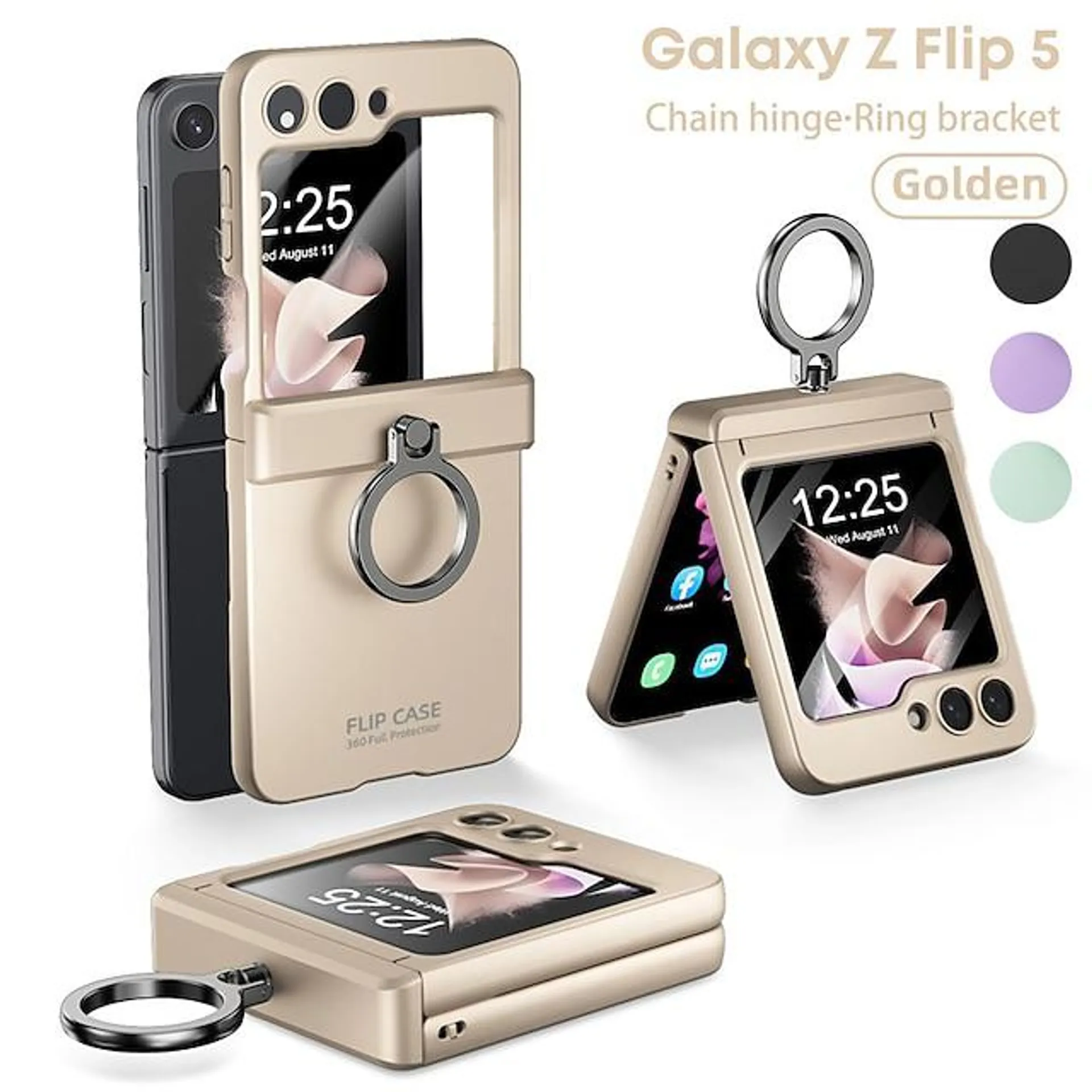 Phone Case For Samsung Galaxy Z Flip 5 Back Cover and Screen Protector Ring Holder Anti-Scratch Solid Color PC