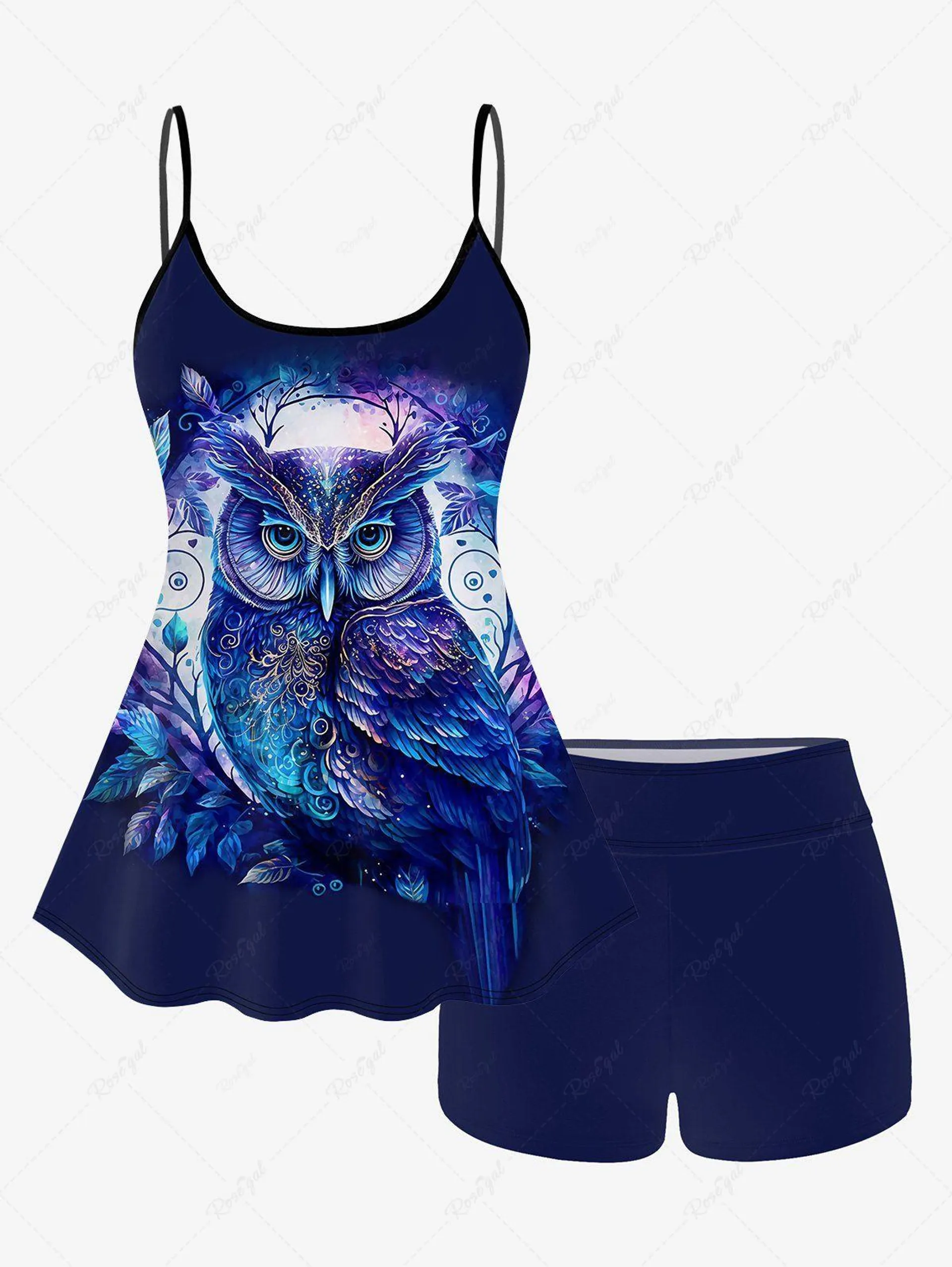 Owl Leaves Print Boyleg Tankini Swimsuit (Adjustable Shoulder Strap) - 2x