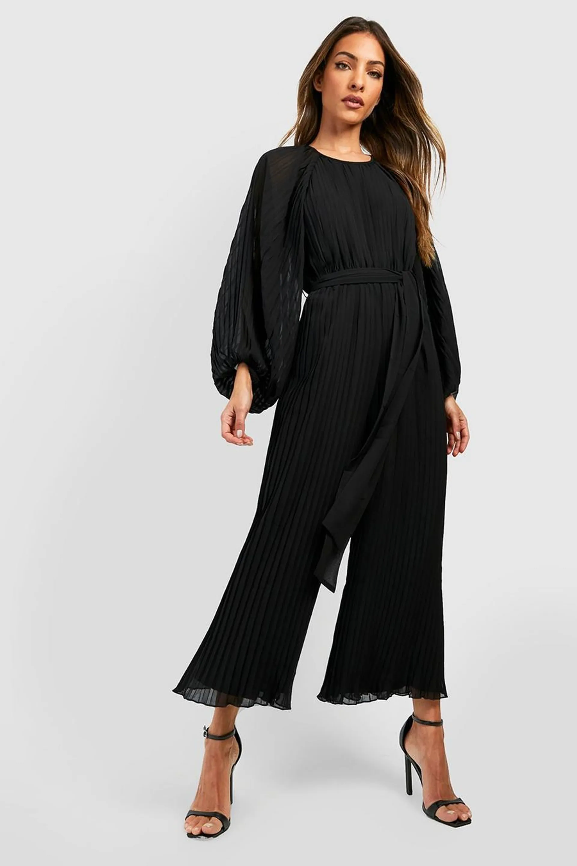 Pleated Long Sleeve Culotte Jumpsuit