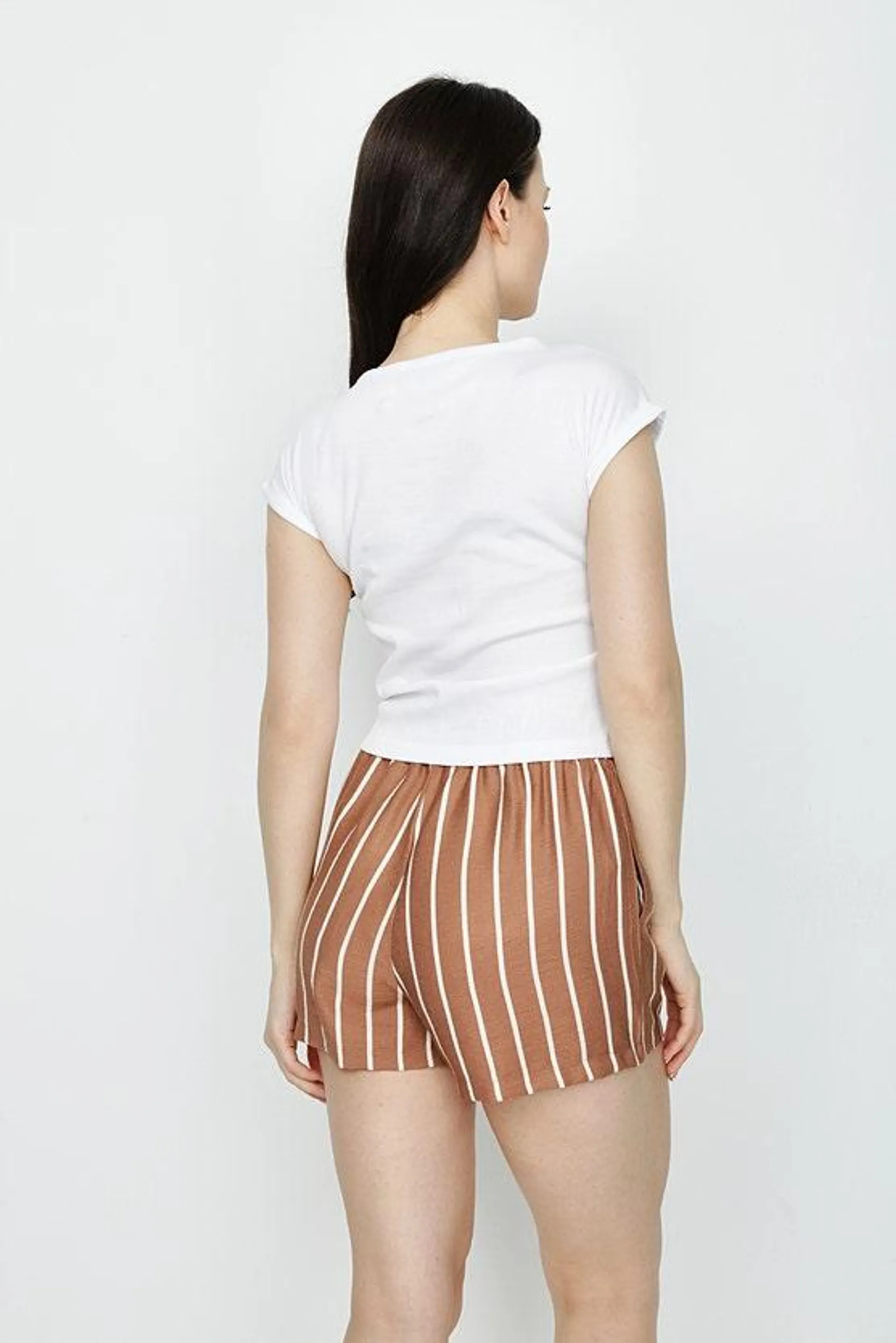 BROWN STRIPE LINEN PULL ON SHORT