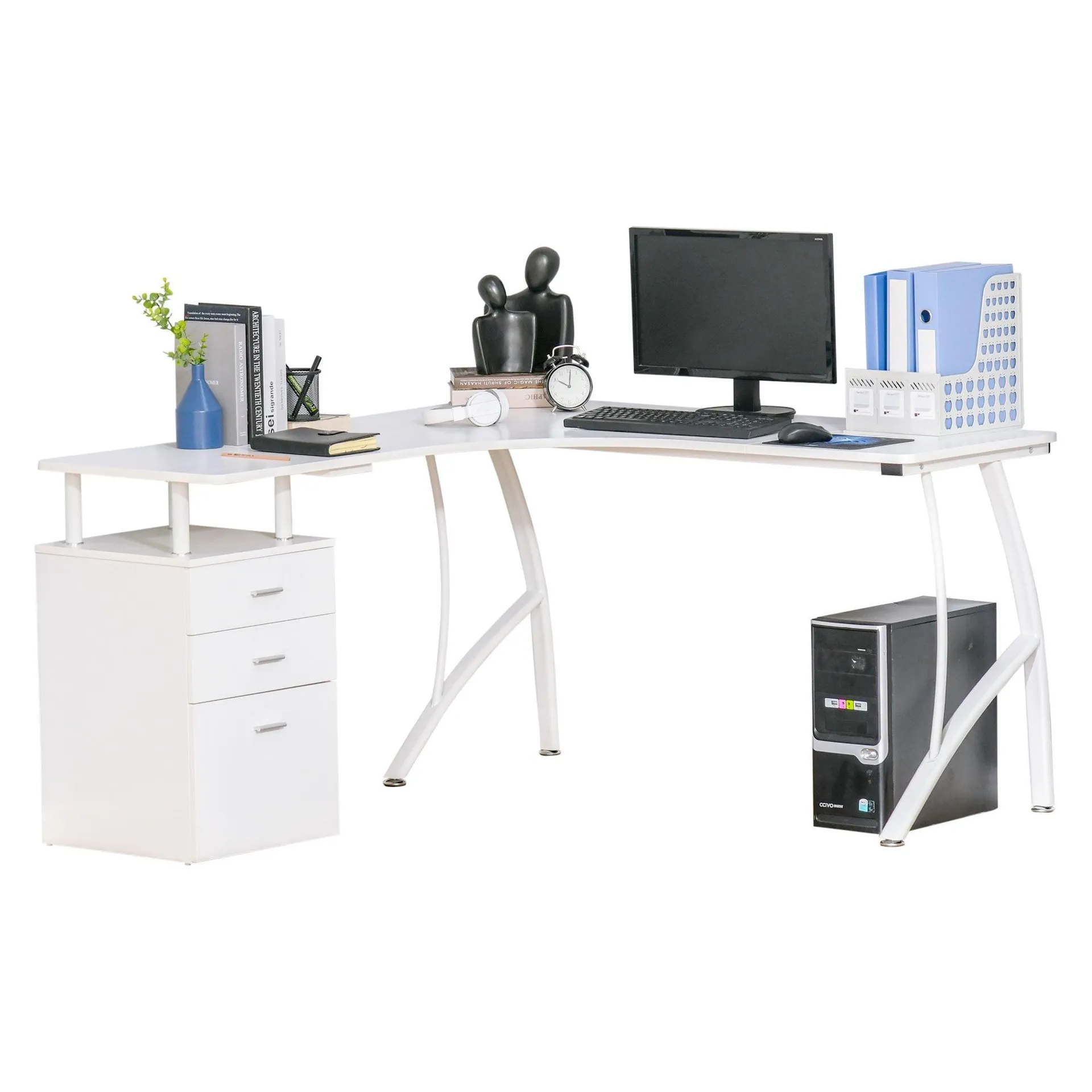 L-Shaped Computer Desk Table with Storage Drawer Home Office Corner Industrial Style Workstation, White PC