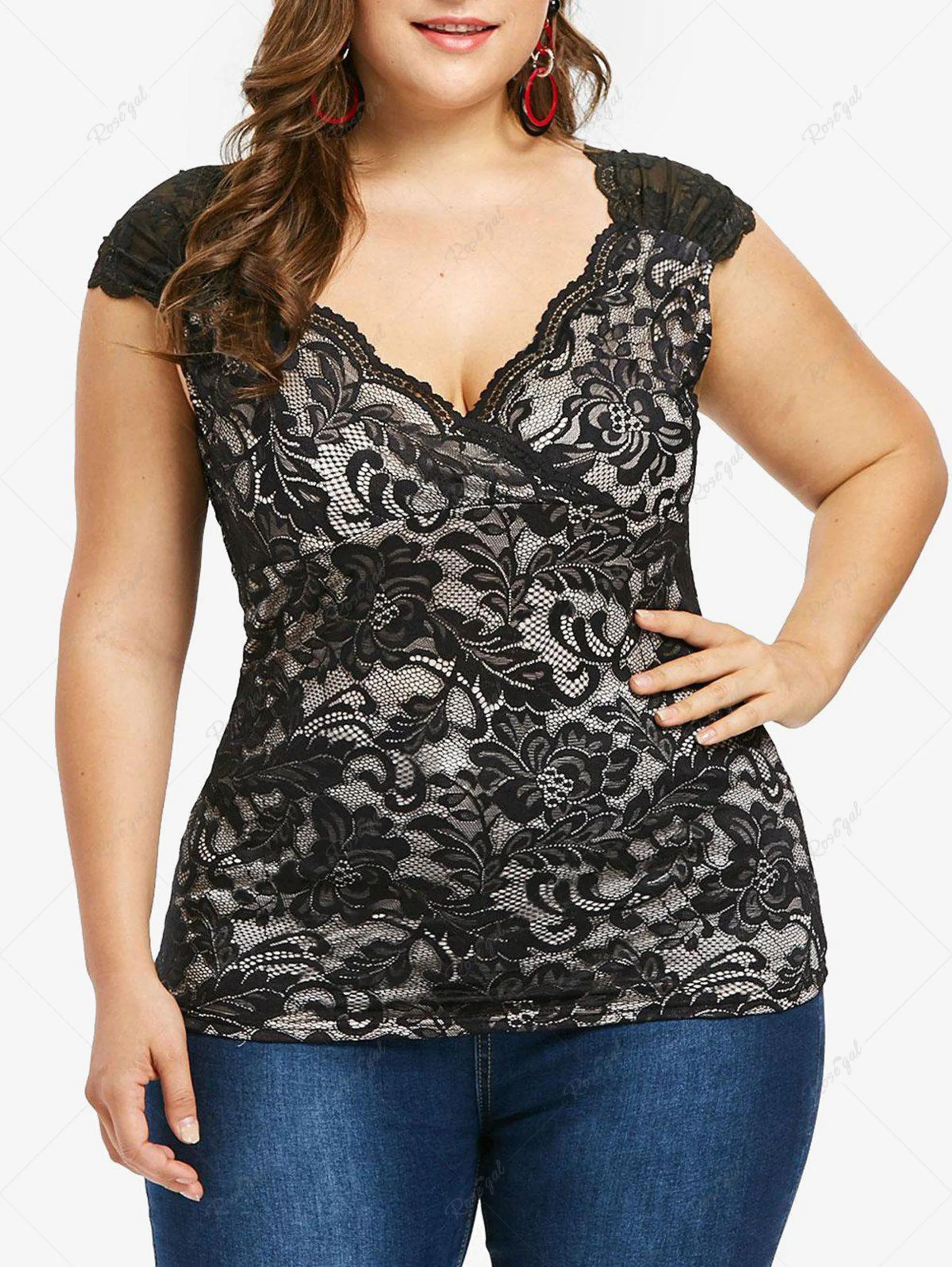 Plus Size Scalloped Floral Lace Surplice Tank Top - M | Us 10