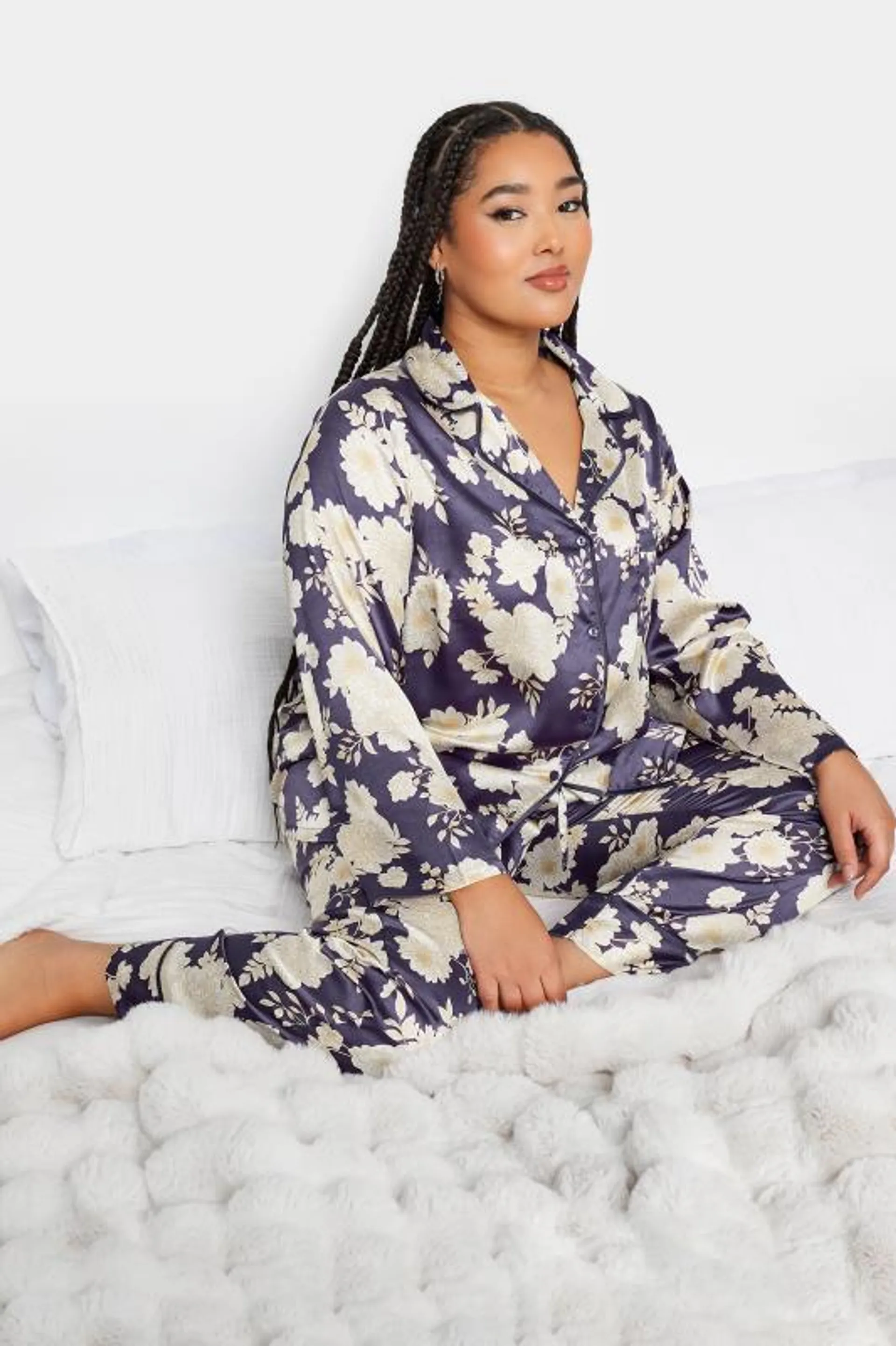 YOURS Curve Purple Floral Print Satin Pyjama Set