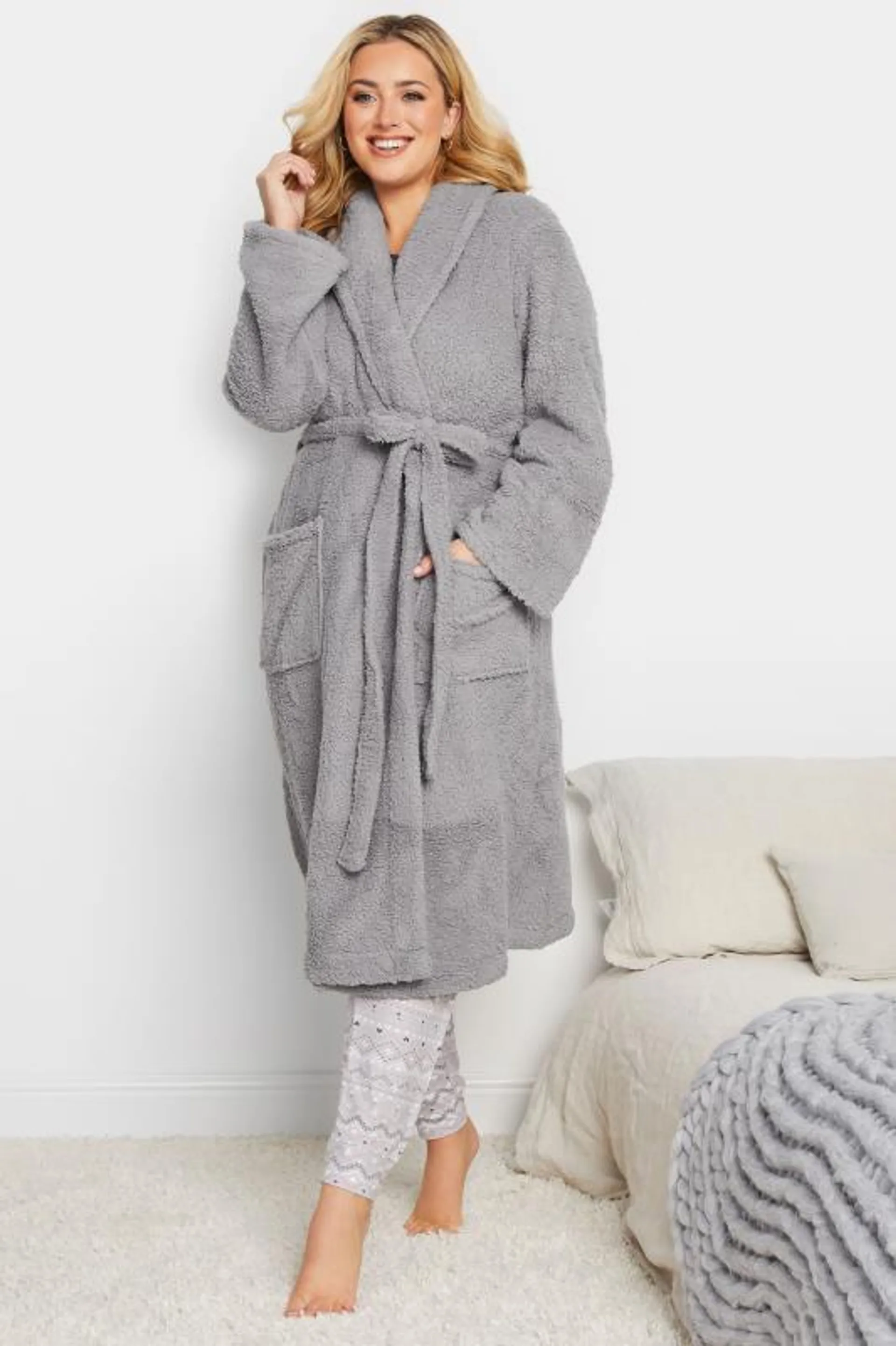 YOURS Curve Grey Teddy Fleece Dressing Gown