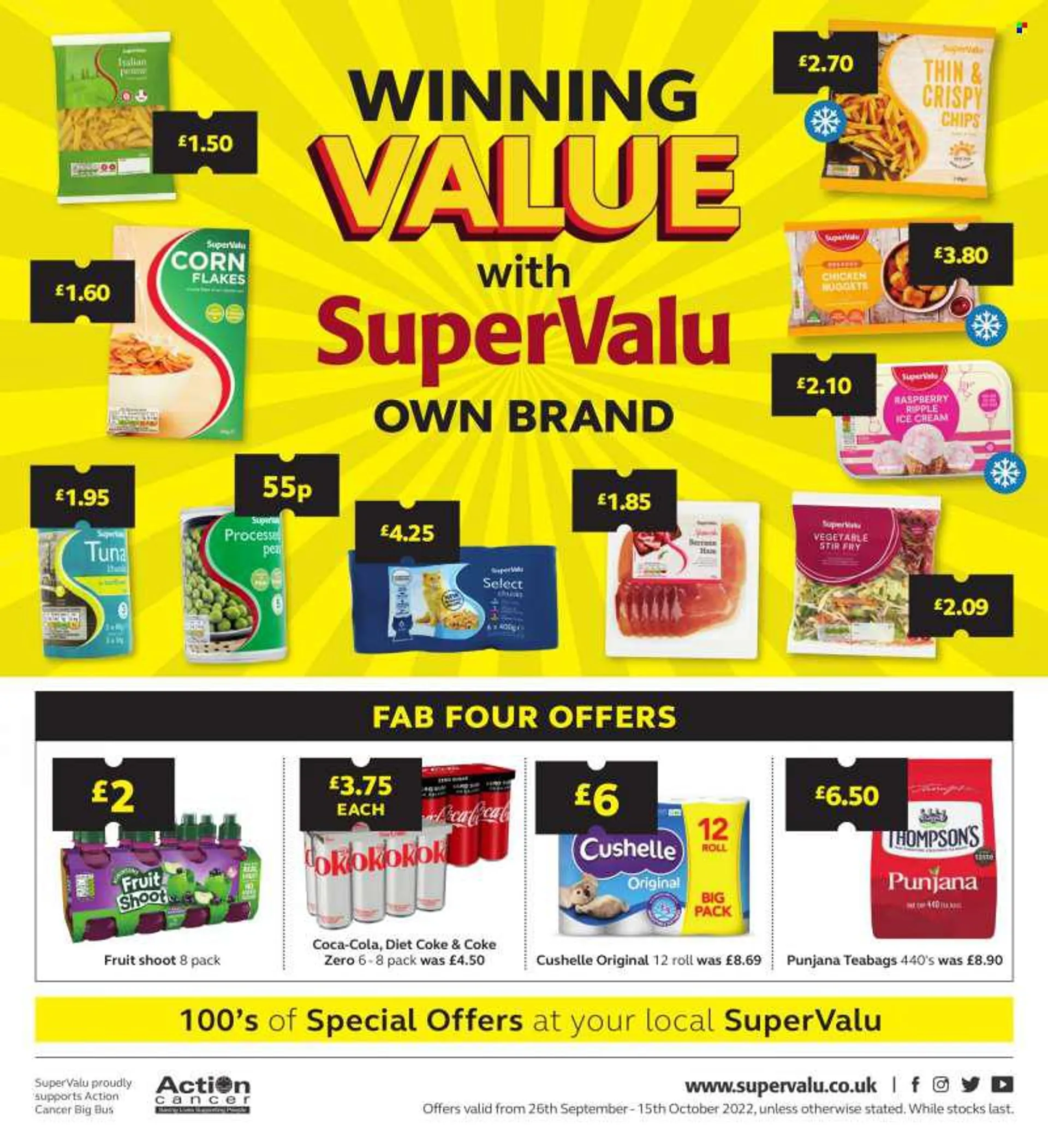 SuperValu offer  - 26/09/2022 - 15/10/2022 - Sales products - peas, tuna, nuggets, chicken nuggets, ham, ice cream, chips, corn flakes, penne, Coca-Cola, Coca-Cola zero, Diet Coke, tea bags, Punjana, Cushelle, Fab, cup. Page 1.