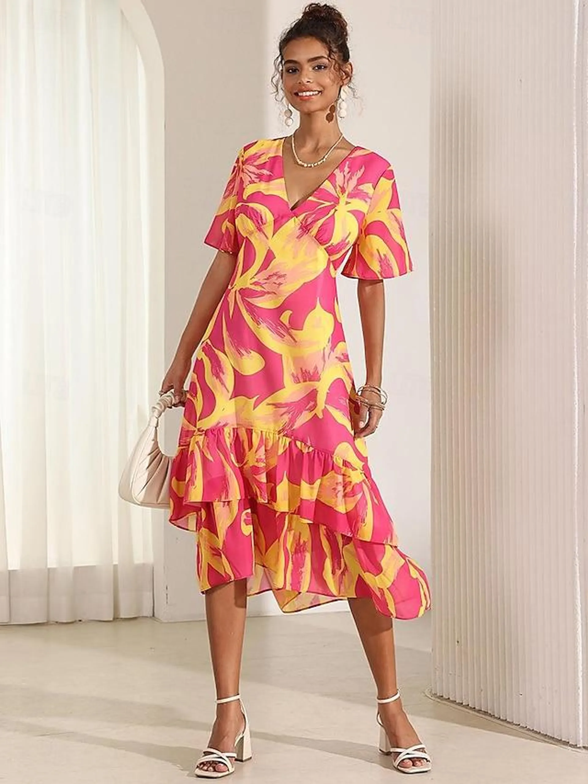 Women's Floral Ruffle V Neck Midi Dress Summer