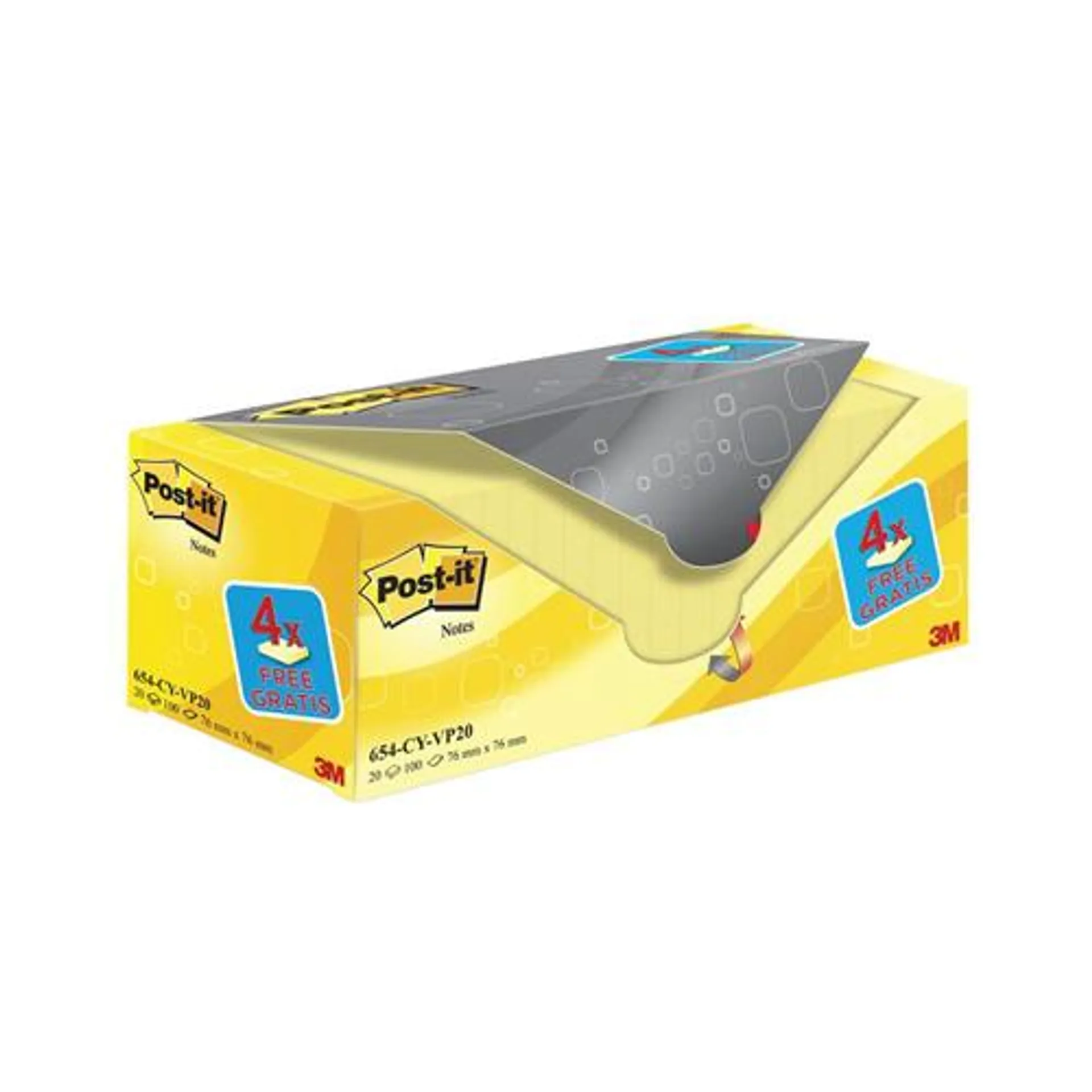 Post-it Notes 76x76mm Canary Yellow (Pack of 20) 654CY-VP20