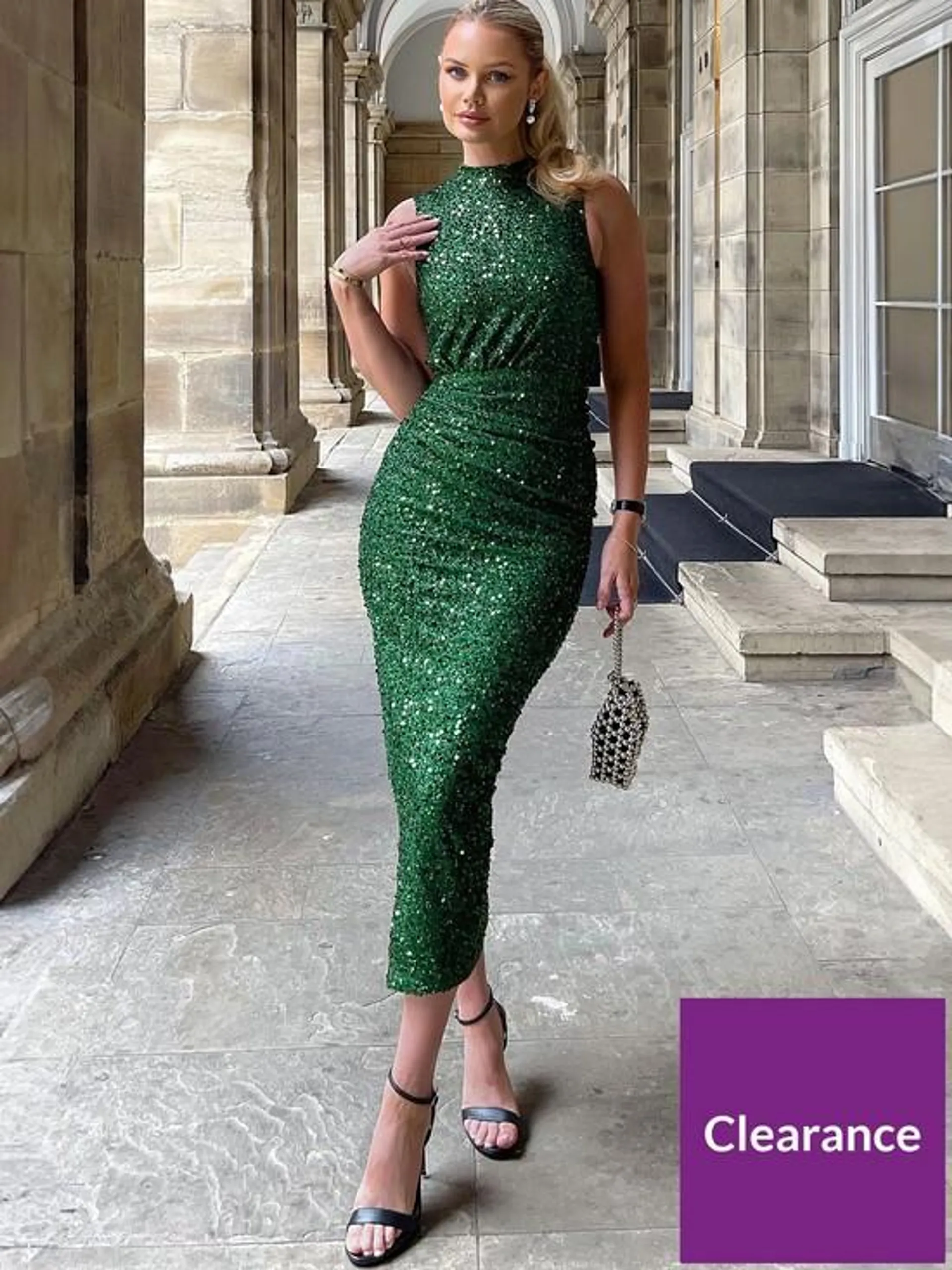 Green Sequin Ruched Side Midi Dress